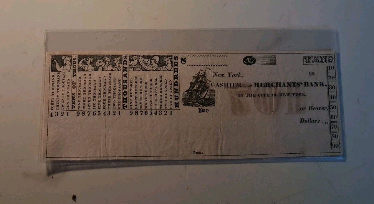 SLING'S 🪙 Histotoric 1800's New York Cashier Of The Merchants 🏦 Bank Check UNC