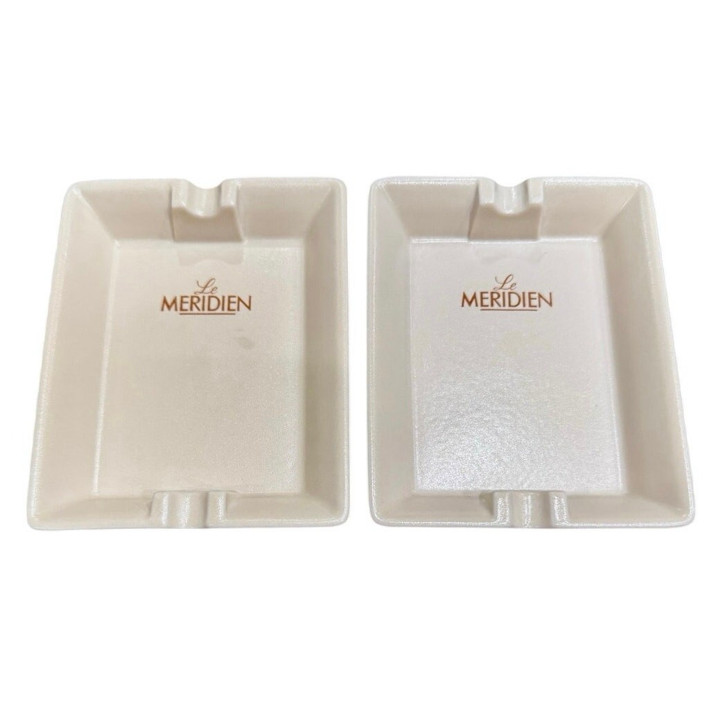 Vintage Le Meridien Hotel Ashtrays Set of 2 Cream Ceramic Rectangular Logo L68