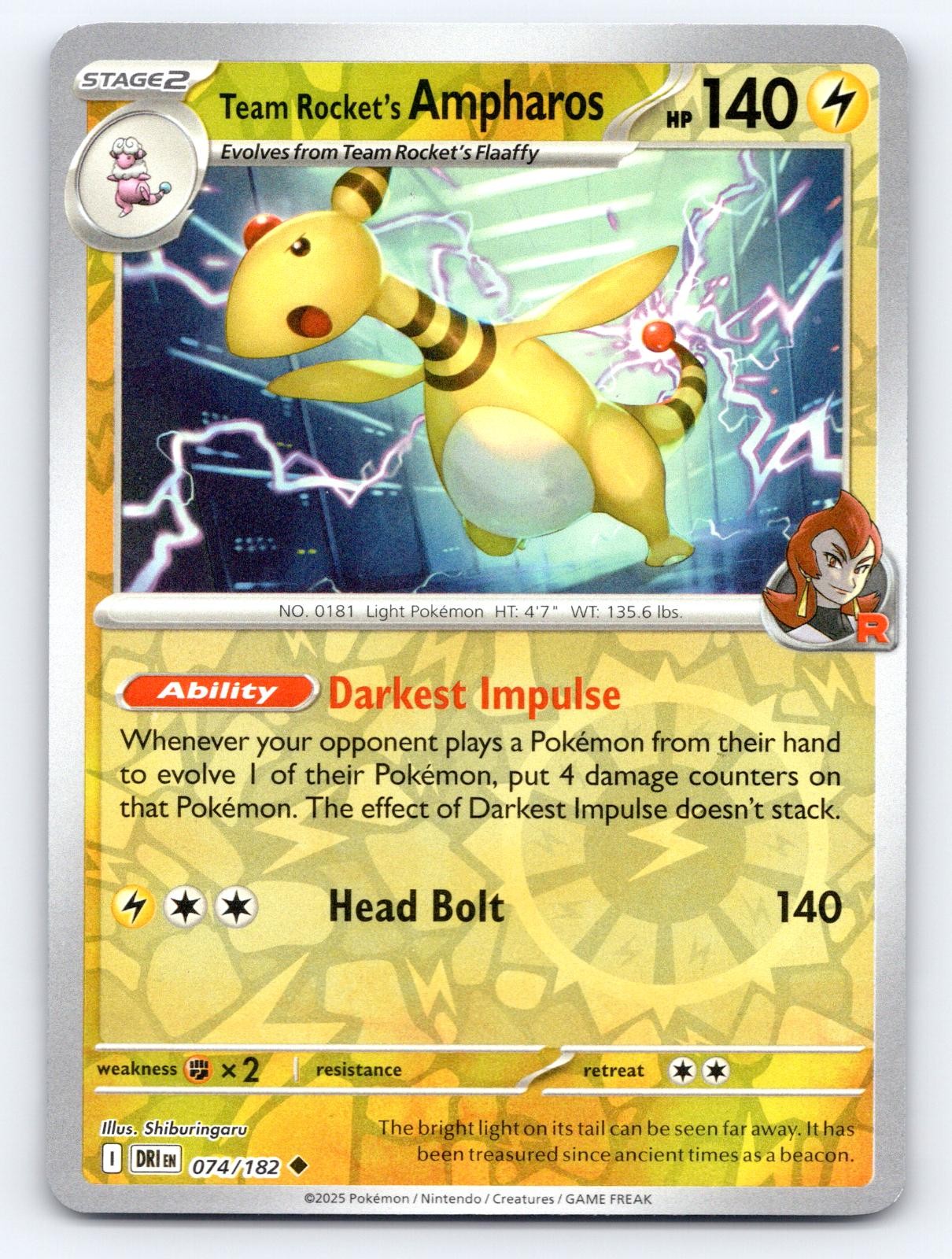 Team Rocket's Ampharos 074/182 Uncommon Destined Rivals Pokemon Reverse Holo LP