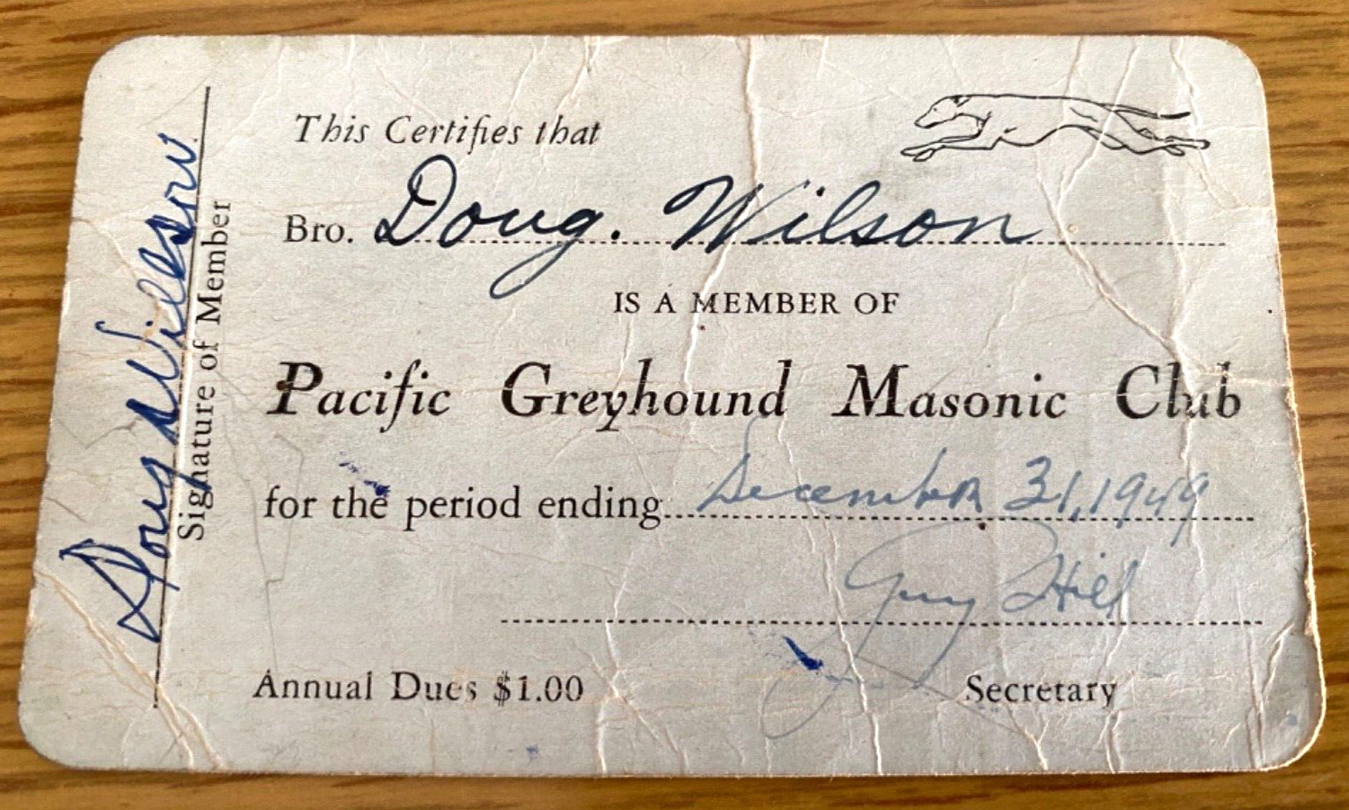 1949 PACIFIC GREYHOUND MASONIC CLUB vintage membership card DOUG WILSON