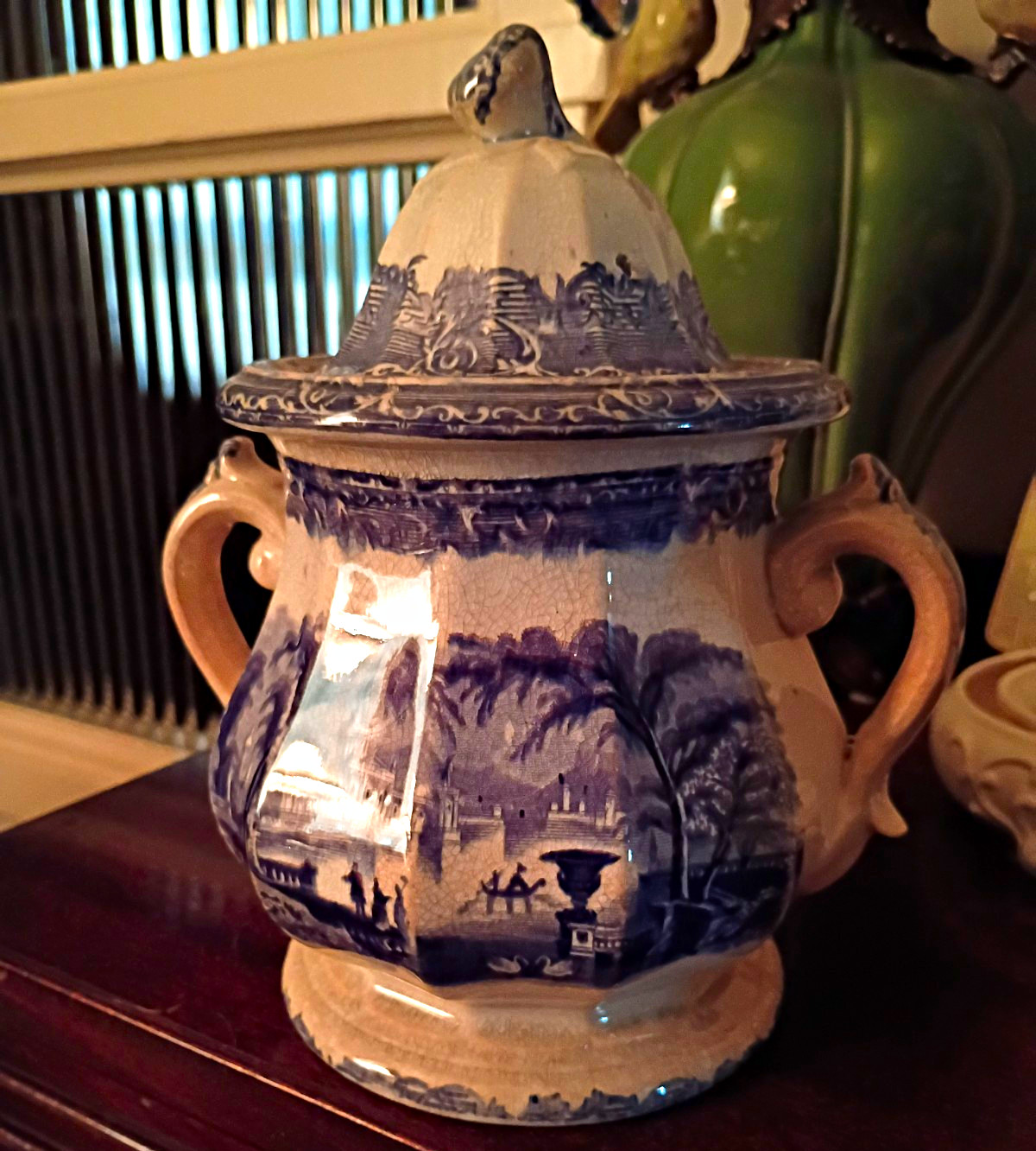 19th Century Antique  Victorian Blue Transferware Double Handled Sugar Bowl