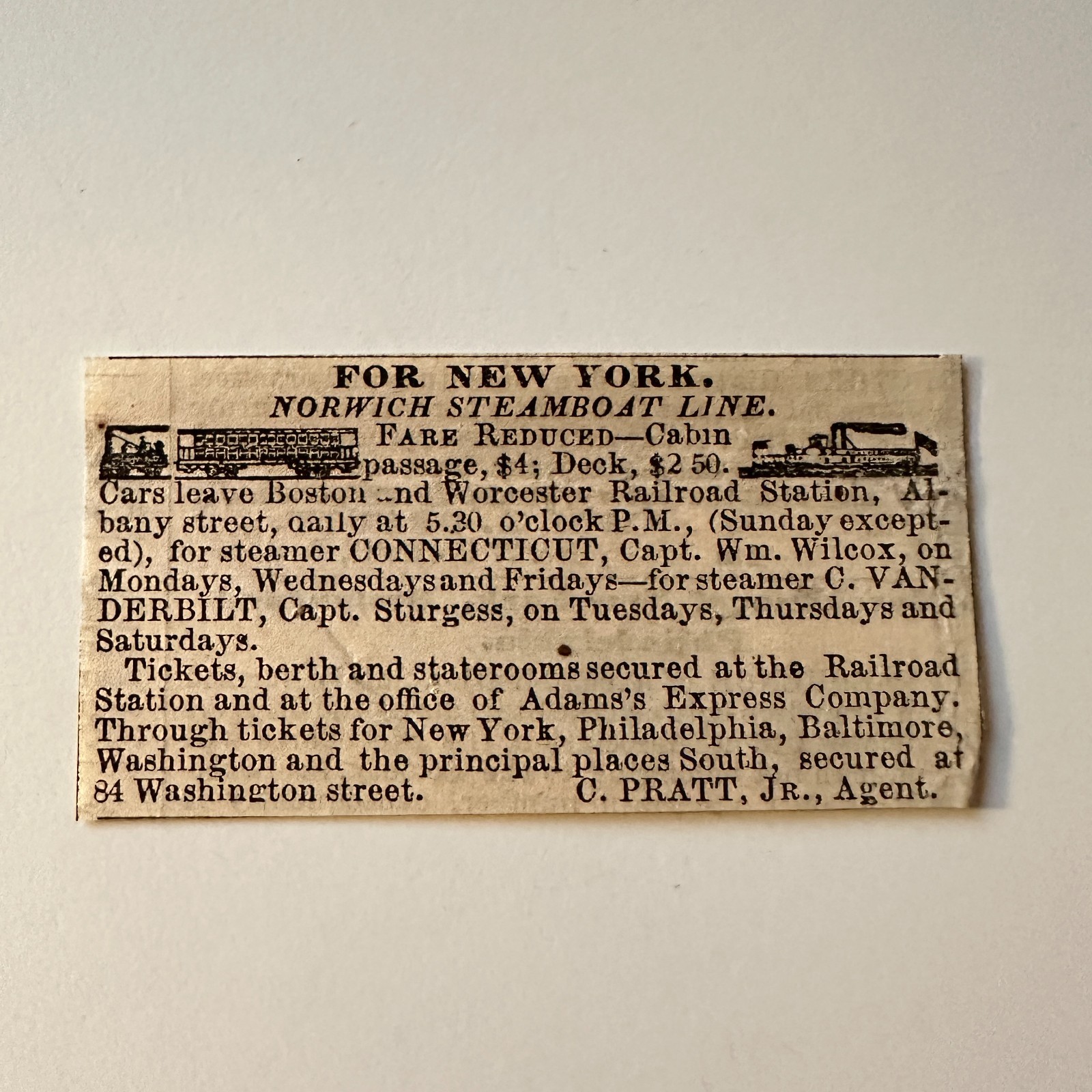 Norwich Steamboat Line For New York C. Pratt Jr. 1860 Boston Ad 5AK9-S39