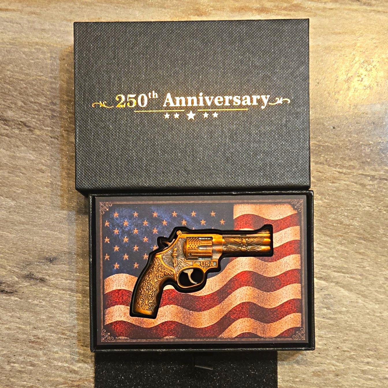 250th Anniversary USA Revolver Pistol Design Pin in Gift Box
