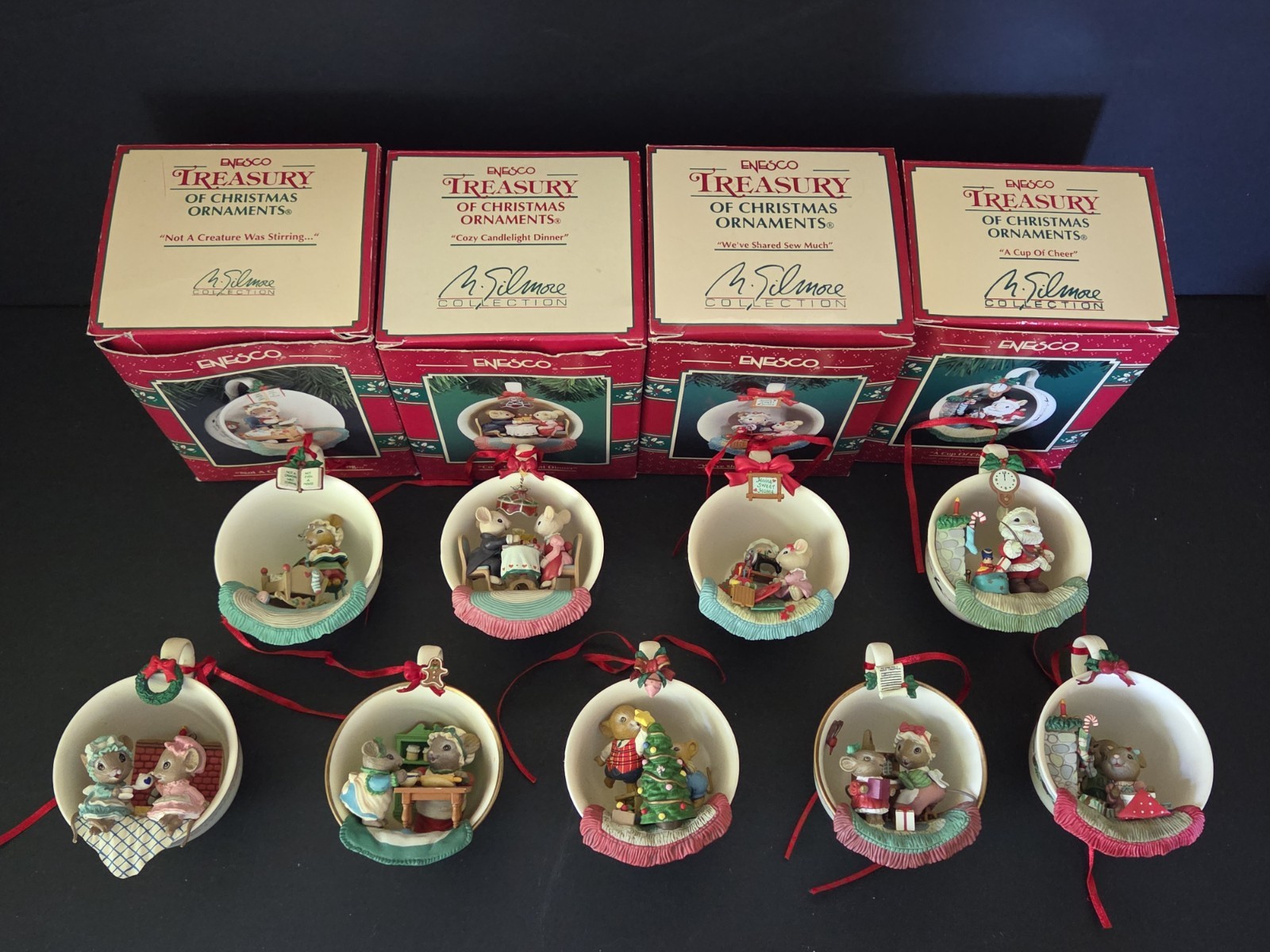 Vintage 1988-1996 Enesco Cozy Cup Christmas Ornaments~Huge Lot Of 9, 4 w/ Boxes