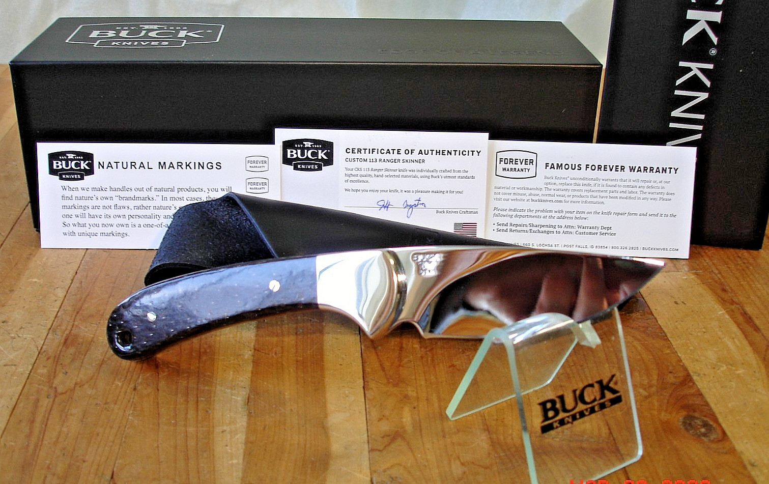 NIB BUCK KNIFE 113 CKS SKINNER MP 420HC BLADE BLACK PALM WOOD HANDLE + SHEATH