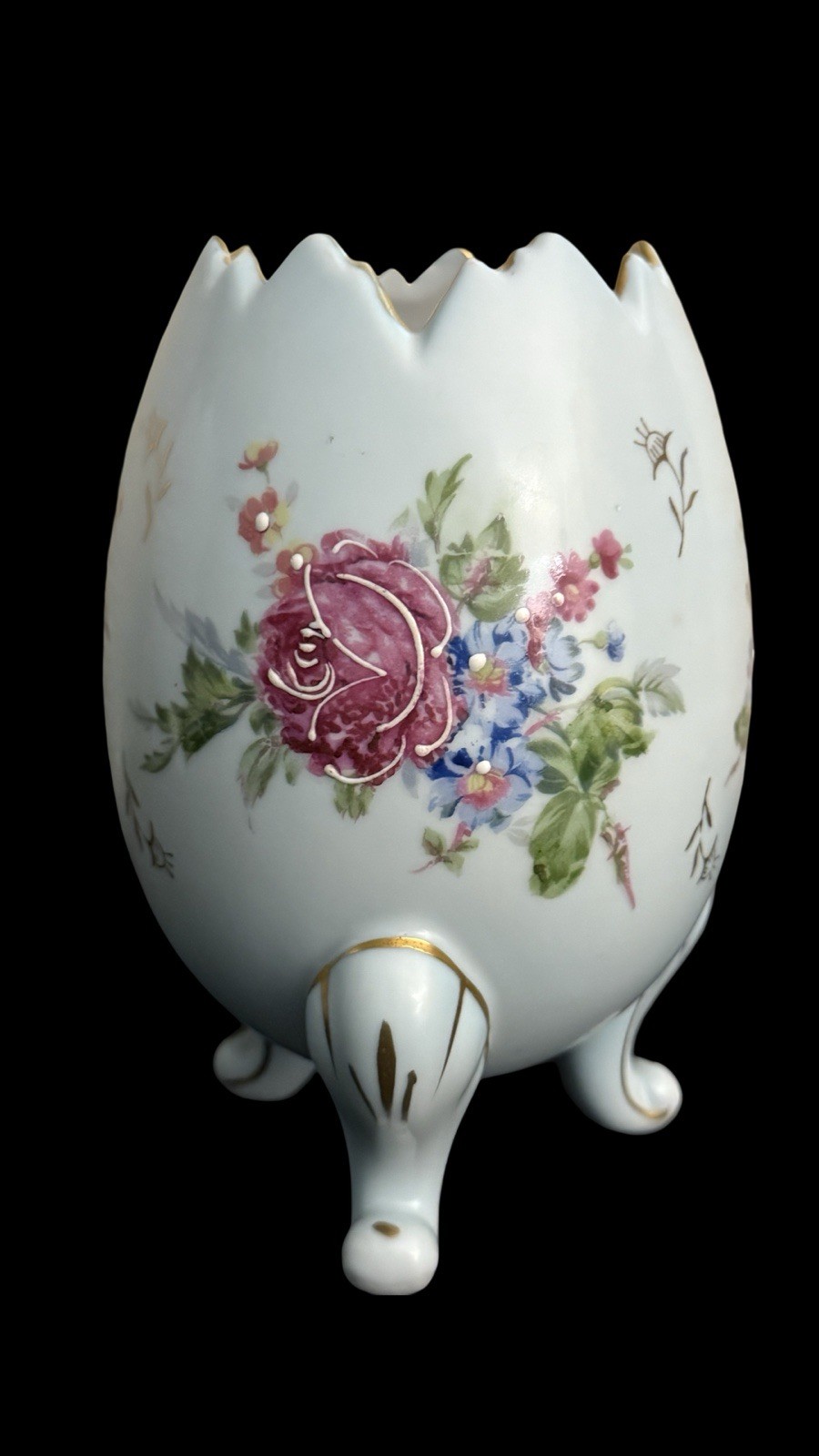 Napco 6″ Vintage Cracked Egg Planter Hand-Painted Roses, Gold Trim, Label Intact