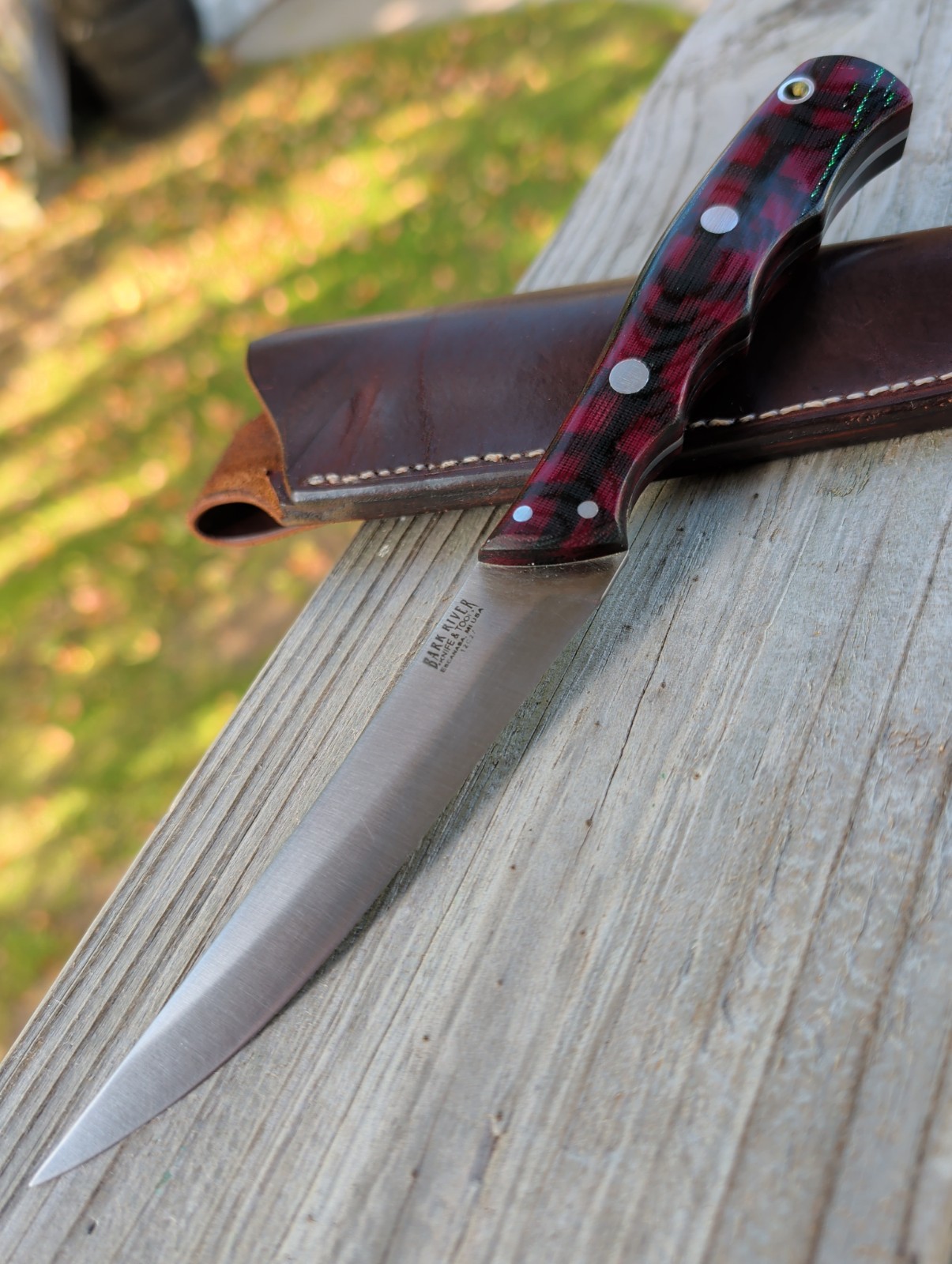 Bark River Canadian Sportsman Knife 12C27 Red Black Plaid Scales Custom Sheath