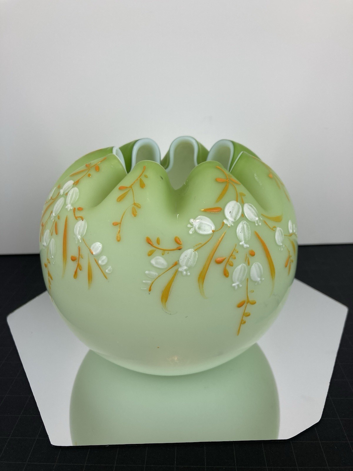 Nice Antique Light To Medium Green Victorian Satin Rose Bowl W/Enameled Flowers