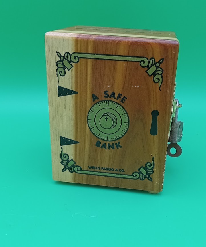 Vintage  Yellowstone National Park Safe Bank  Cedar with Pad Lock and Key