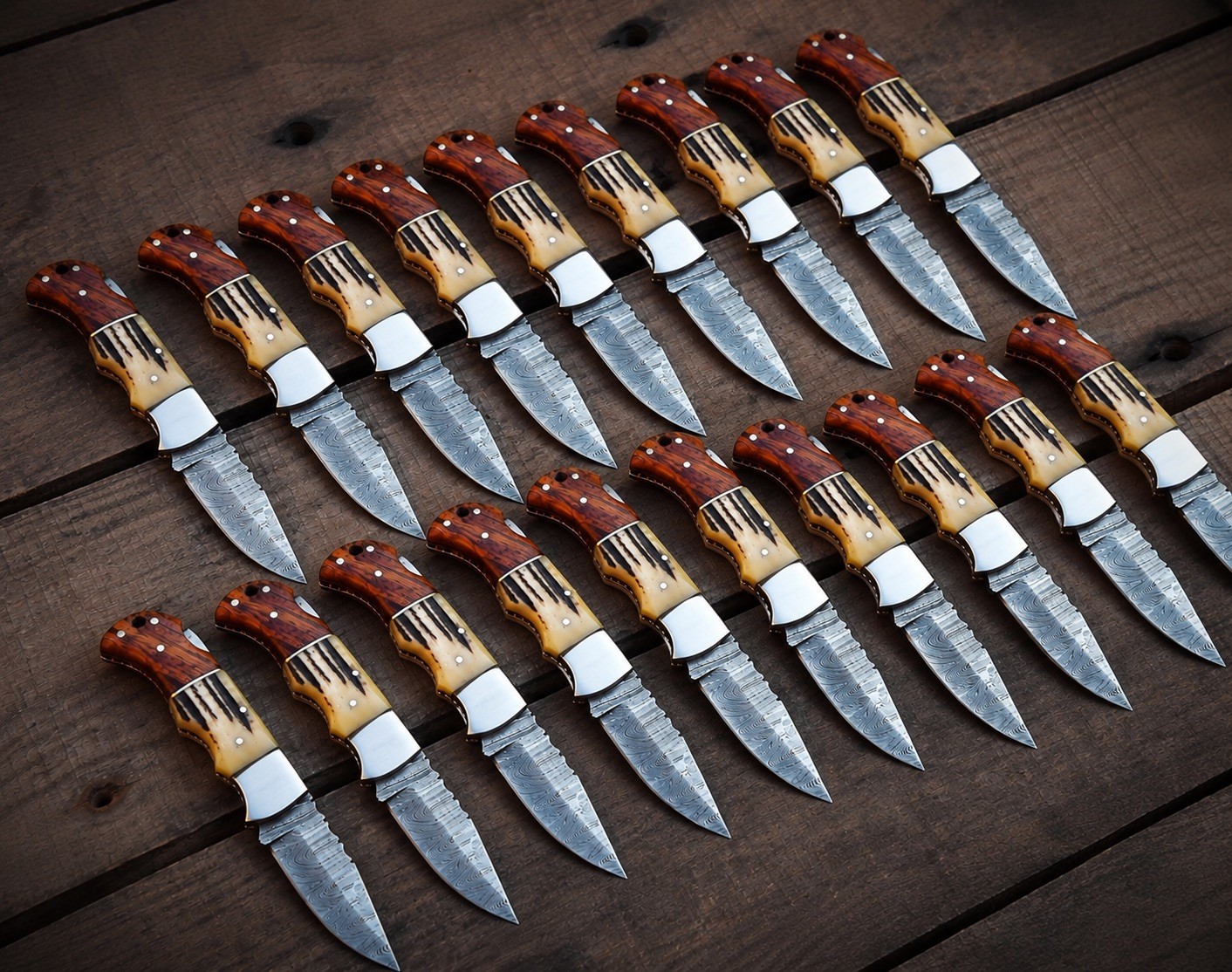 LOT OF 20 Pcs Handmade Damascus Steel Folding Knives, pocket Knives With Sheaths