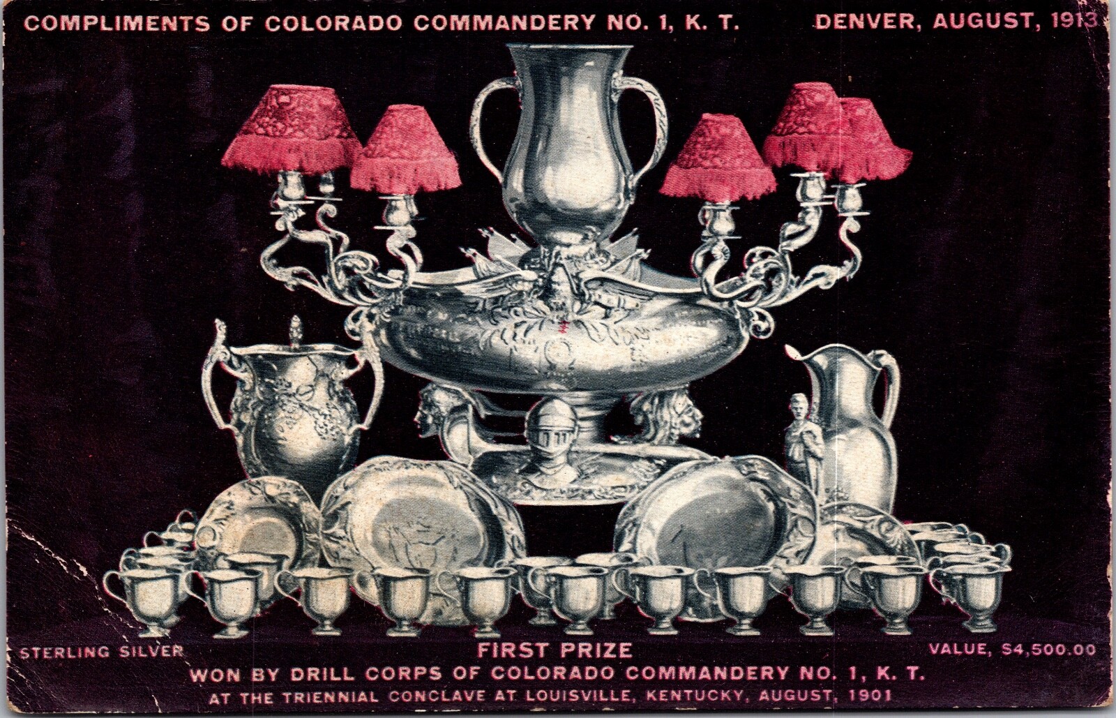 Postcard Sterling Silver First Prize Colorado Commandery No. 1 K.T. Denver 1913