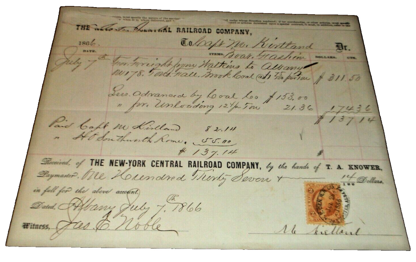 JULY 1866 NYC NEW YORK CENTRAL RAILROAD FREIGHT BILL WATKINS ALBANY NEW YORK