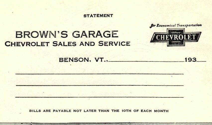 1930 BENSON VERMONT BROWN\'S GARAGE CHEVROLET SALES AND SERVICE BILLHEAD Z4230