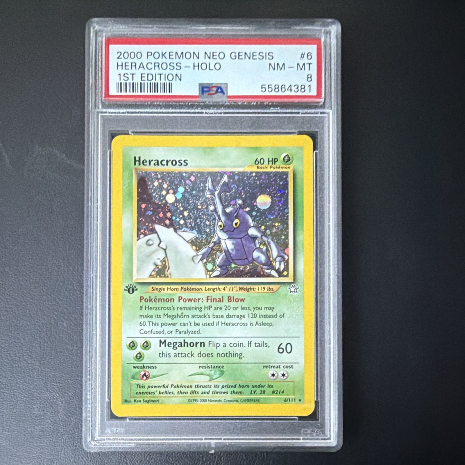 2000 Pokémon Neo Genesis 1st Edition Holo Heracross #6/111 PSA 8 Graded