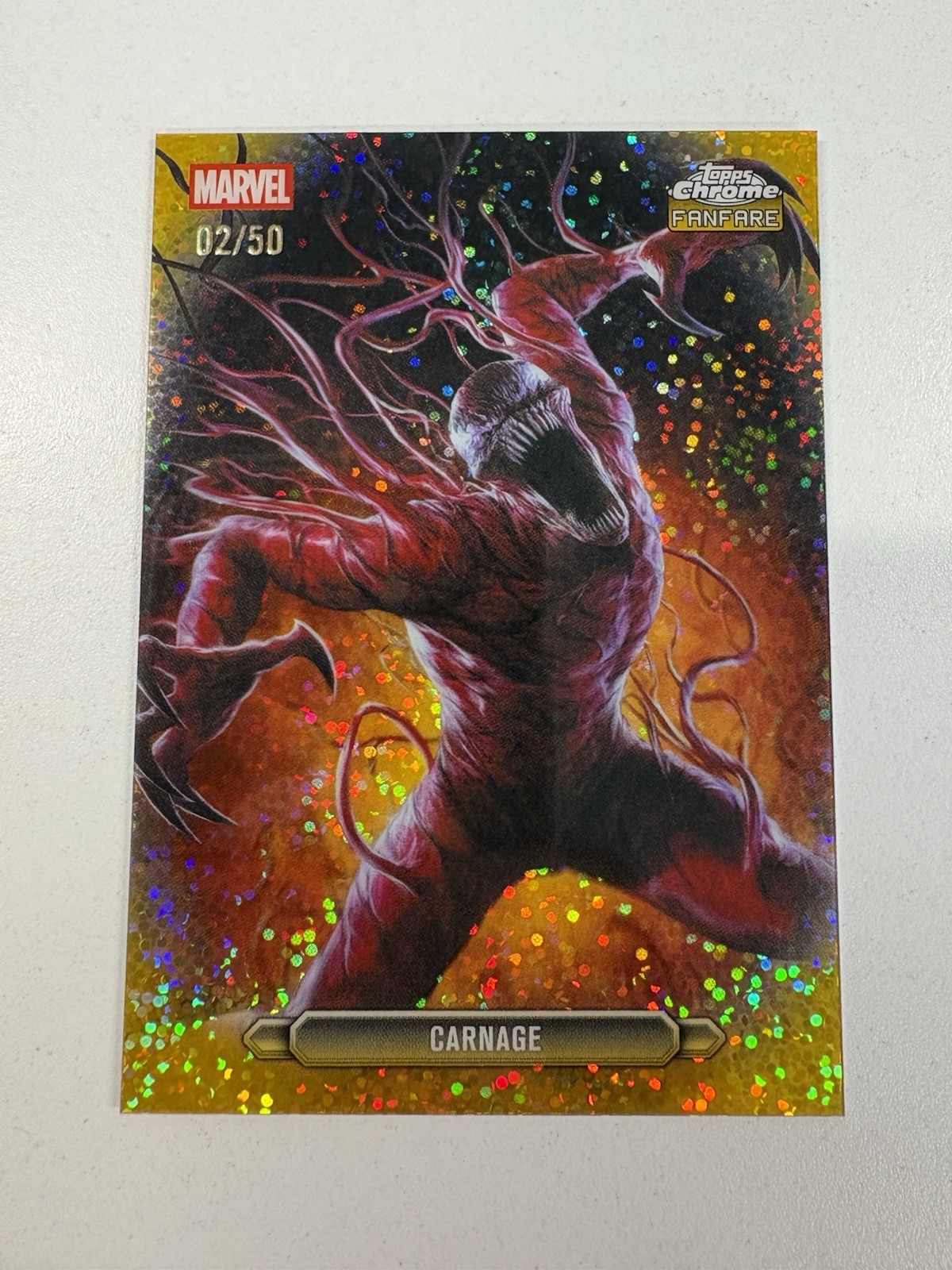 2026 Topps Chrome Marvel Carnage Fanfare Gold Speckle /50 FF-08