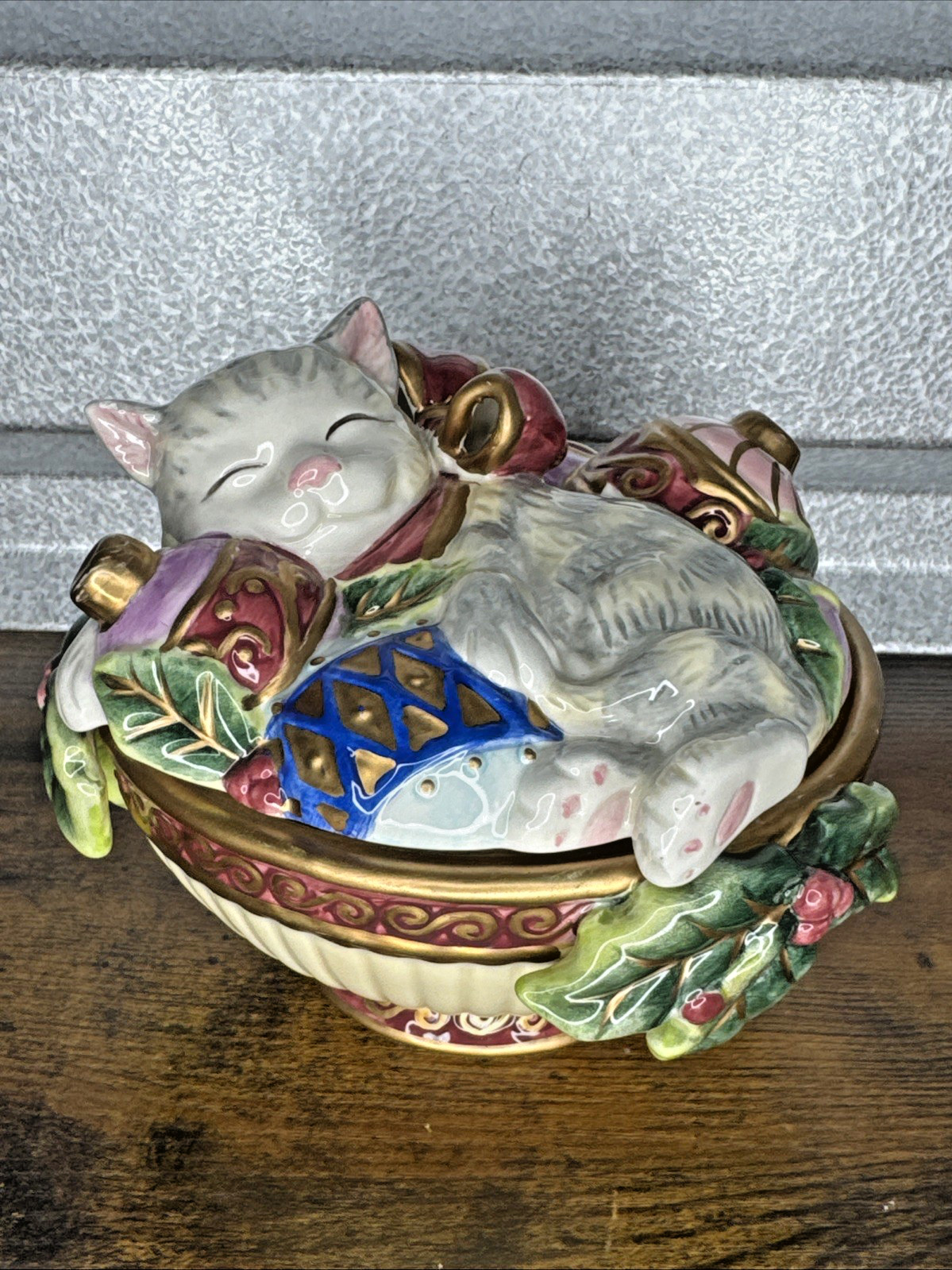 Vintage Fitz & Floyd Christmas Kristmas Kitty Cat Porcelain Lidded Box Dish Bowl