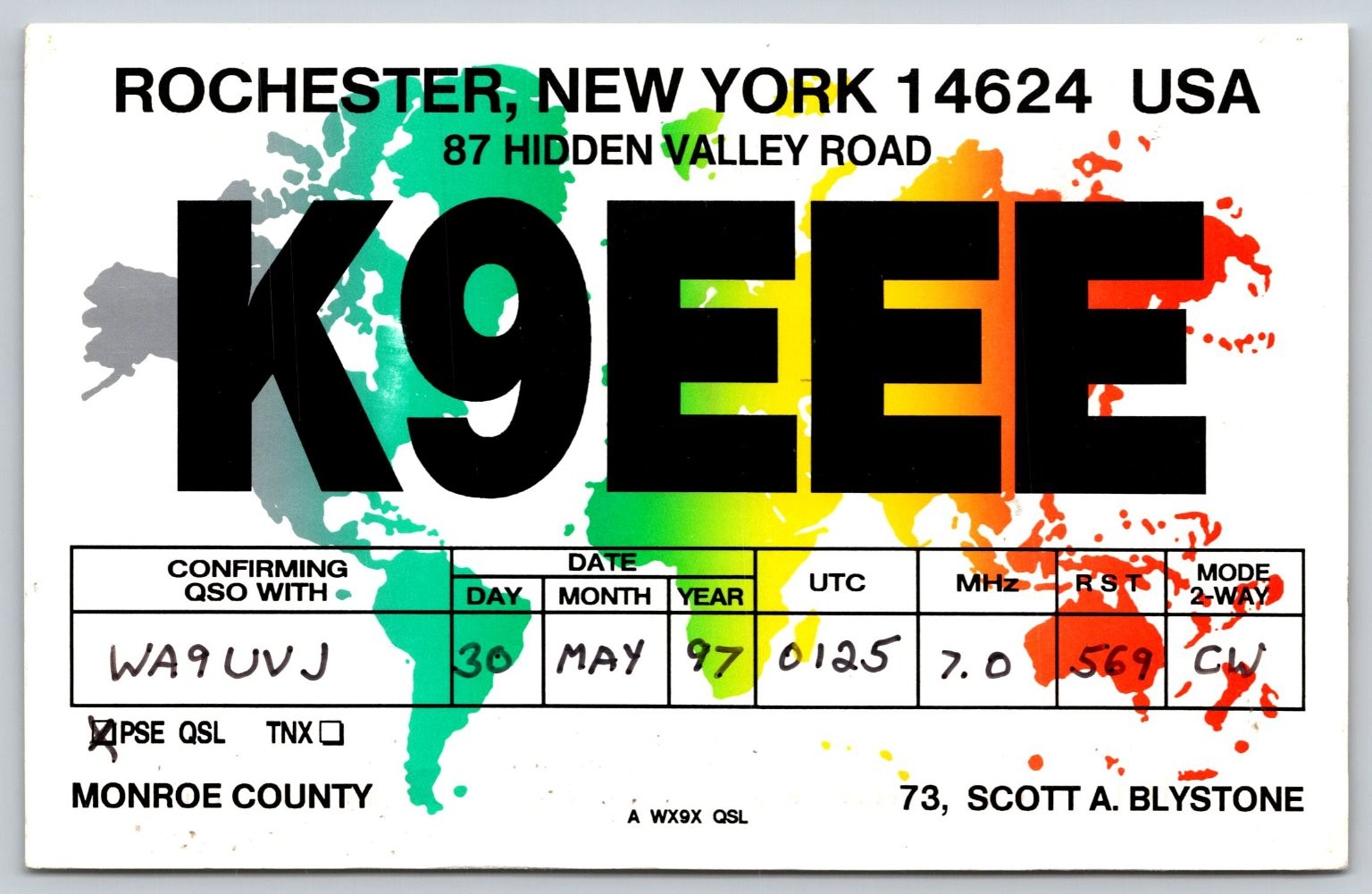 K9EEE Rochester NY QSL Postcard 1997 Amateur Radio Ham WA9UVJ A27