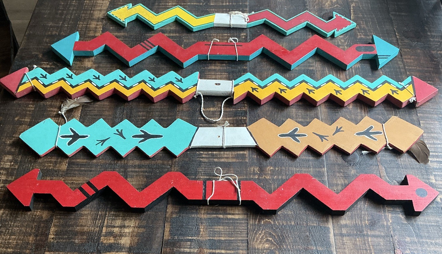 Set of 5 Multicolor Wood Hanging Hopi Lightening Sticks Used in Ceremonies