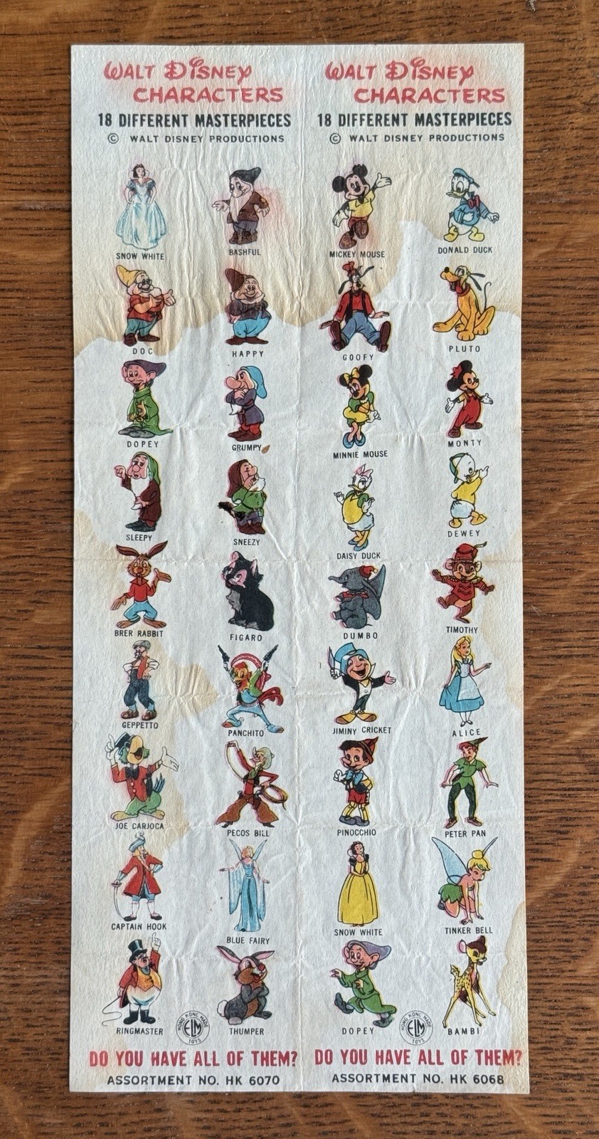 Vintage Marx Disneykins Checklist Insert Sheet Series-1 HK 6070 HK 6068 ELM TOYS