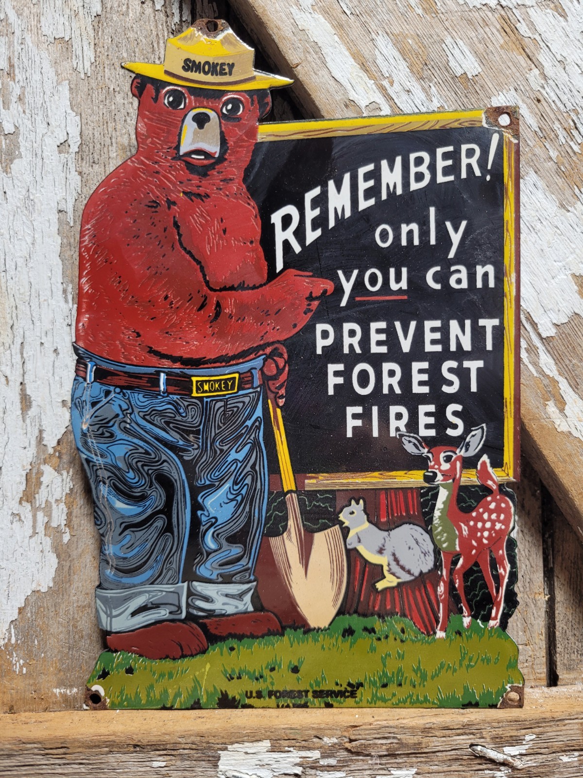 VINTAGE SMOKEY BEAR PORCELAIN SIGN OLD US FOREST SERVICE NATIONAL PARK FIRES USA