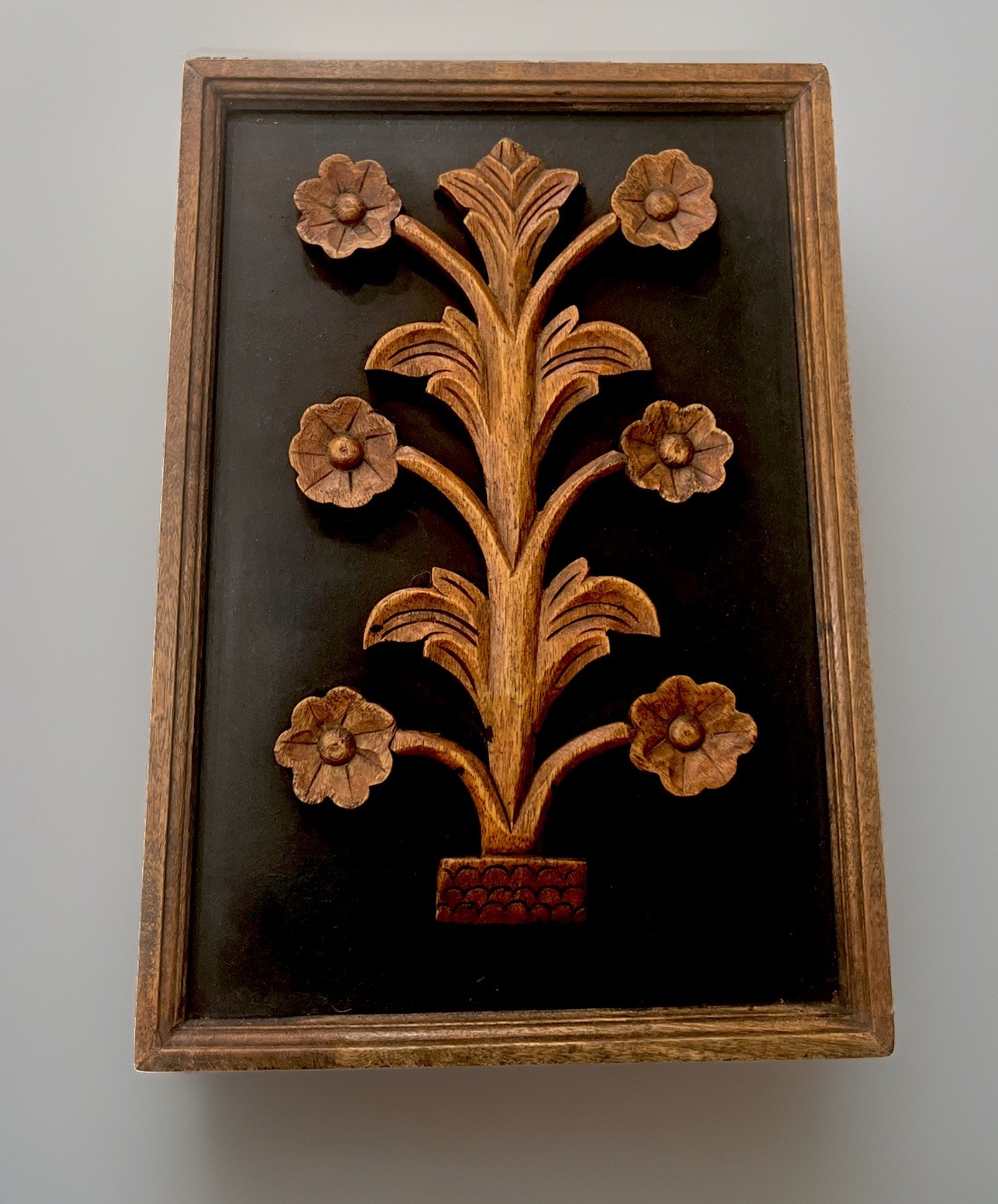 Vintage MCM Teak Tree Wood Carved Flowers Framed Picture Boho Wall Decor 17\