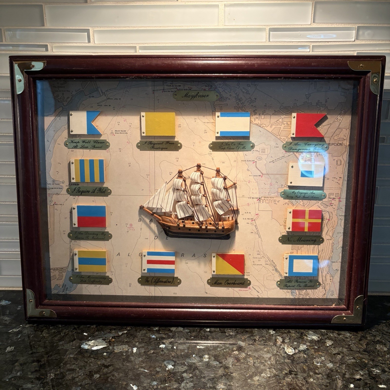Vtg Mayflower Maritime Nautical Shadow Box Flag Map Sea Spanish Galleon Coastal