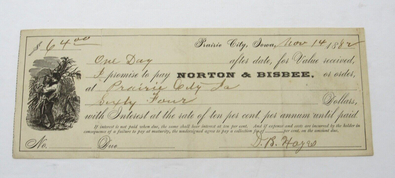 1882 Prairie City Iowa Bank Check Graphic Norton & Bispee Hardware Jasper County