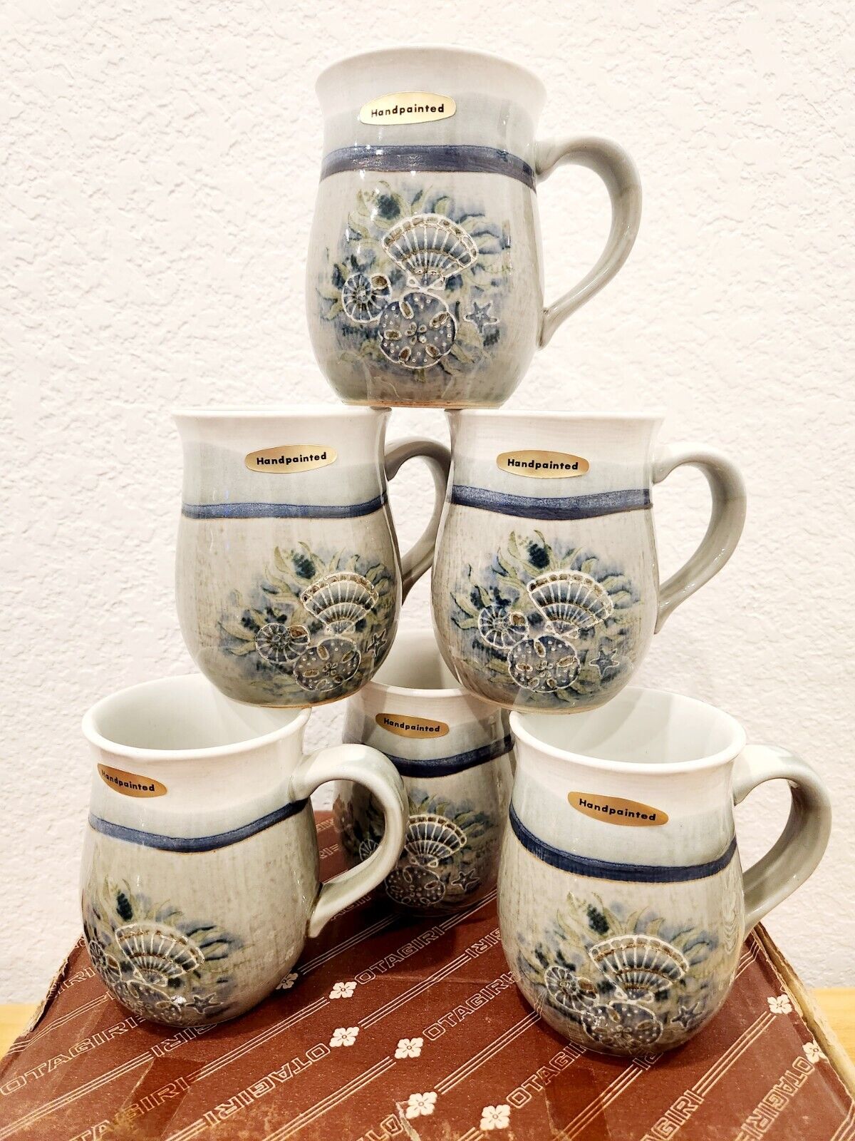 NOS Vintage Otagiri Seaside Nautical Japanese Speckled Mug Set/6 Hand Crafted