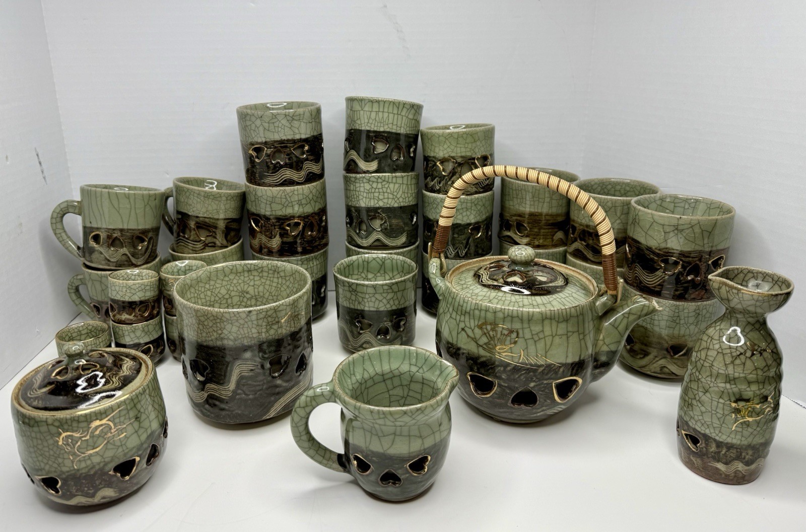 VTG Otagiri Somayaki Soma Ware Japanese Tea Sake Set Double Wall Gold Horse 30pc