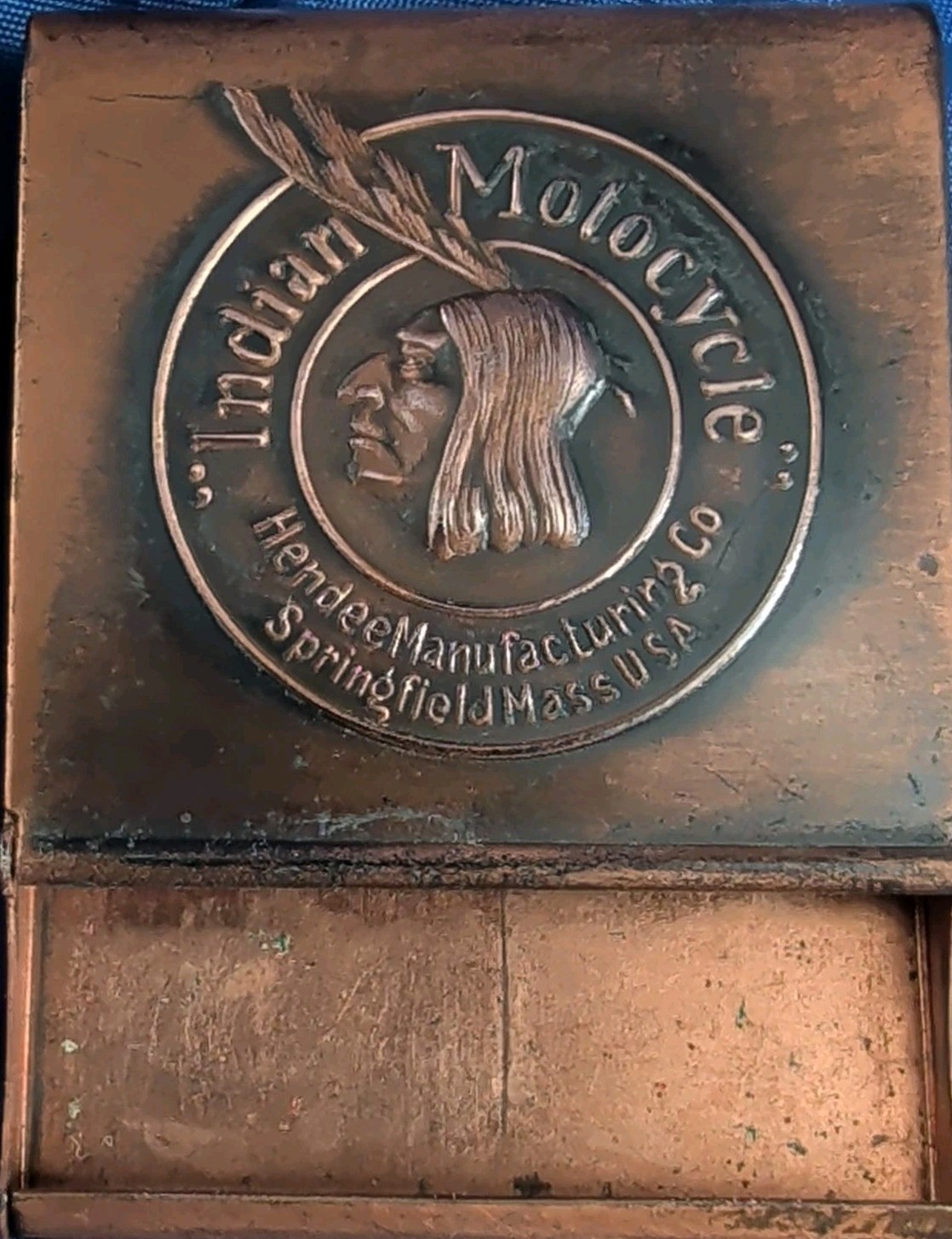 Copper Indian Motorcycle Hendee MFG Co. Match Book Cover Holder Vtg Early 1900's