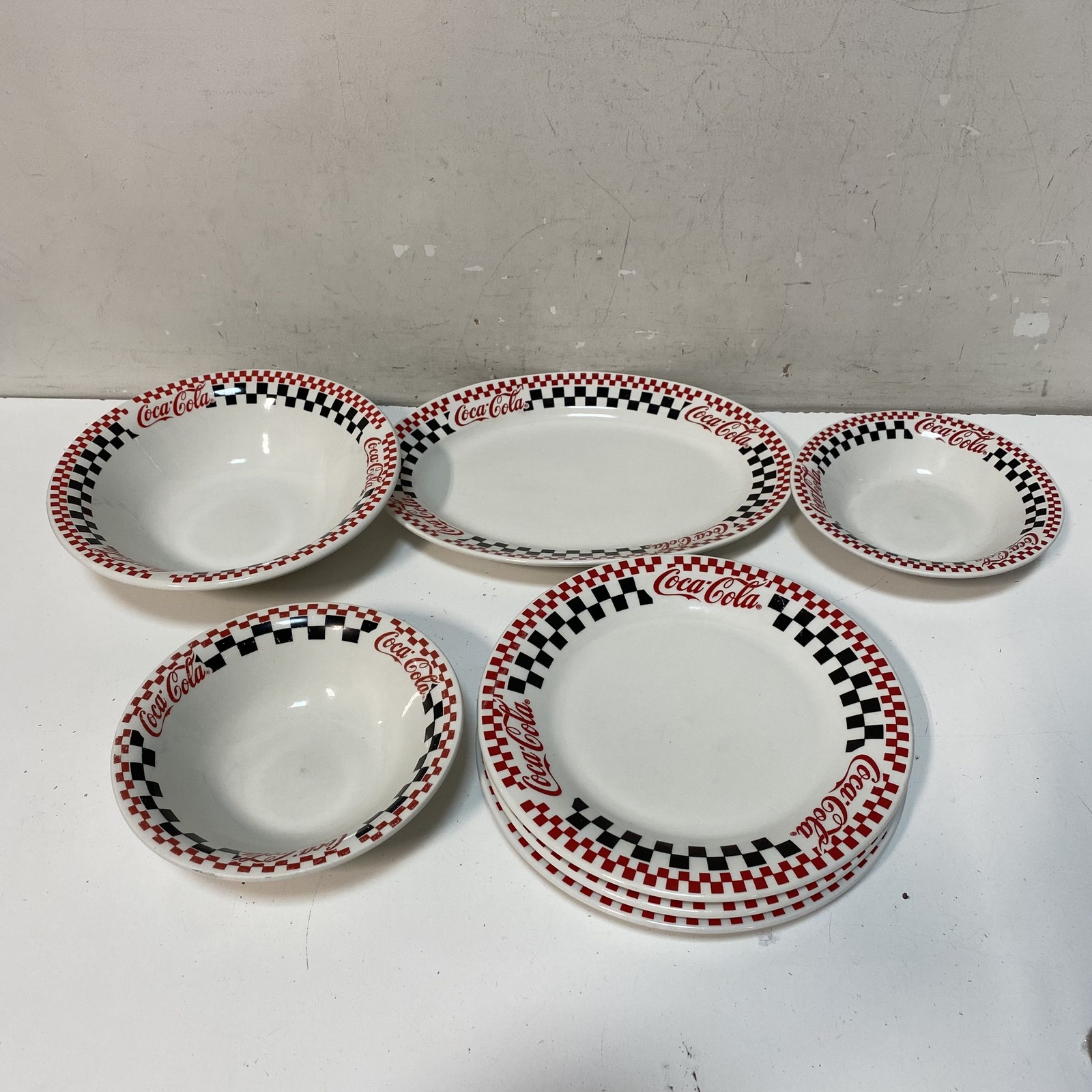 Gibson Coca-Cola 1996 Checkered Dinnerware Set 7 Piece Lot Plates Bowls Platter