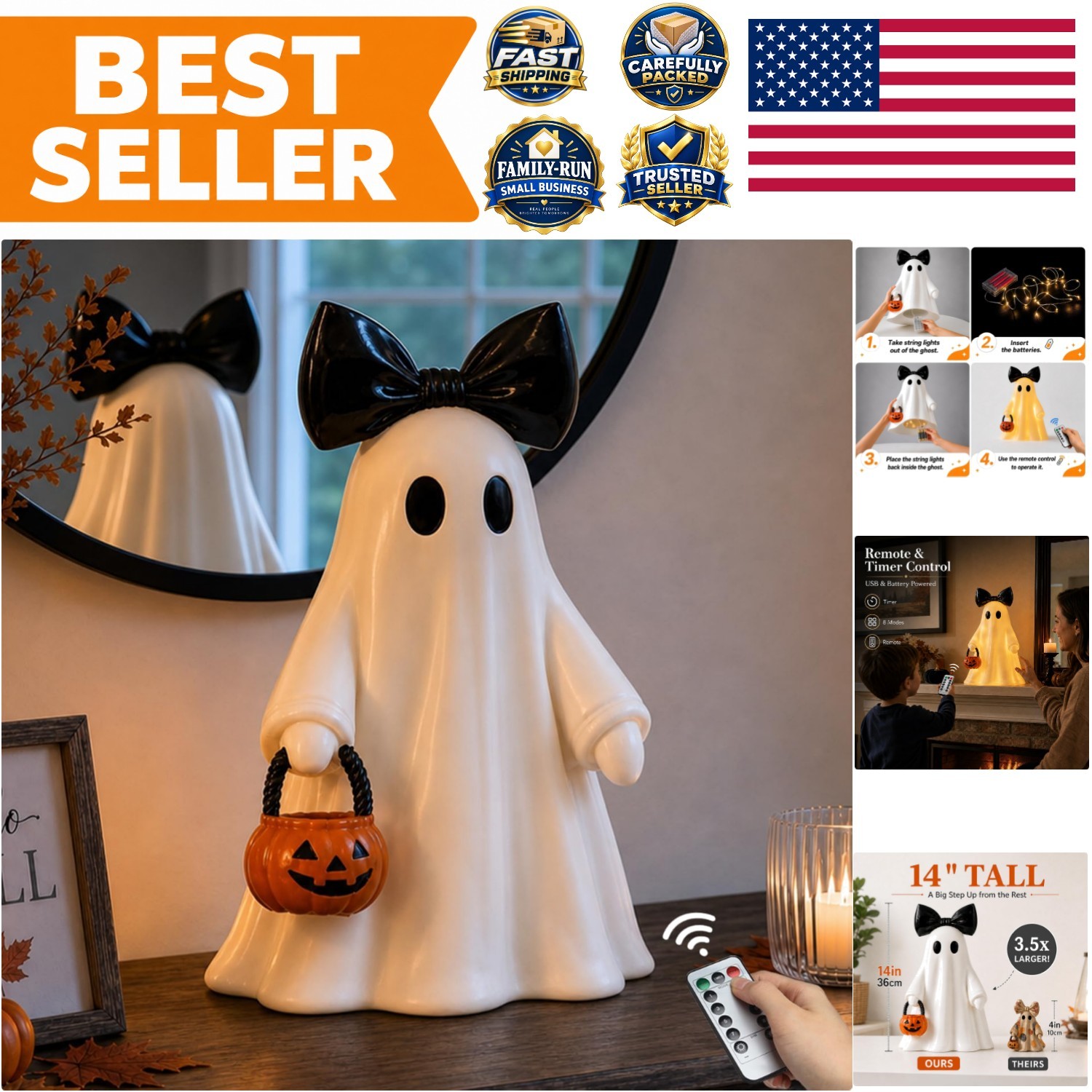 Unique 14-Inch Halloween Ghost Decor with Pumpkin Lantern & Timer Function