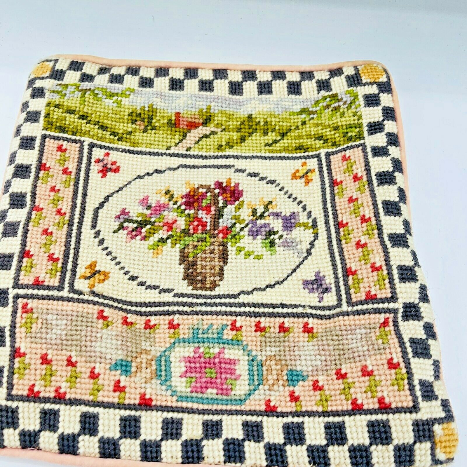 Vintage Katha Diddel Floral Checkers Needlepoint Throw Pillow Cover Cottage Core
