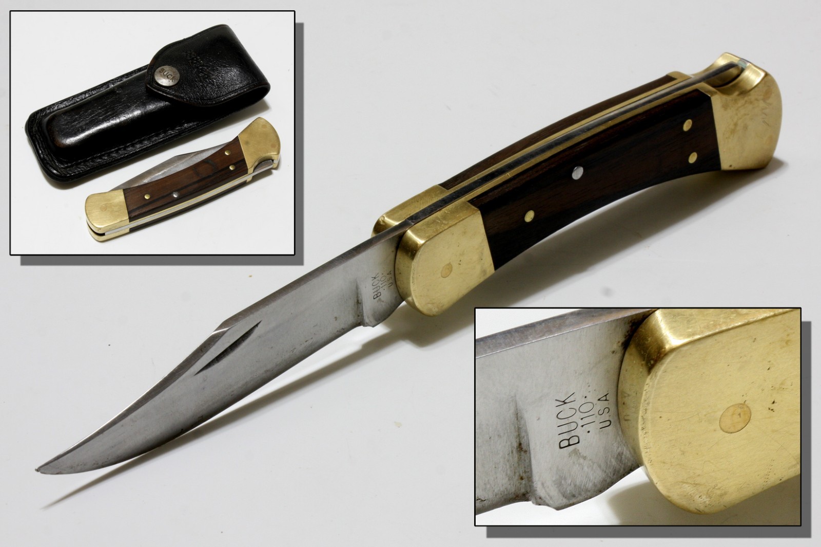 BUCK 110 Folding Hunter Pocket Knife USA 2 Dot 1970s Leather Sheath Vintage