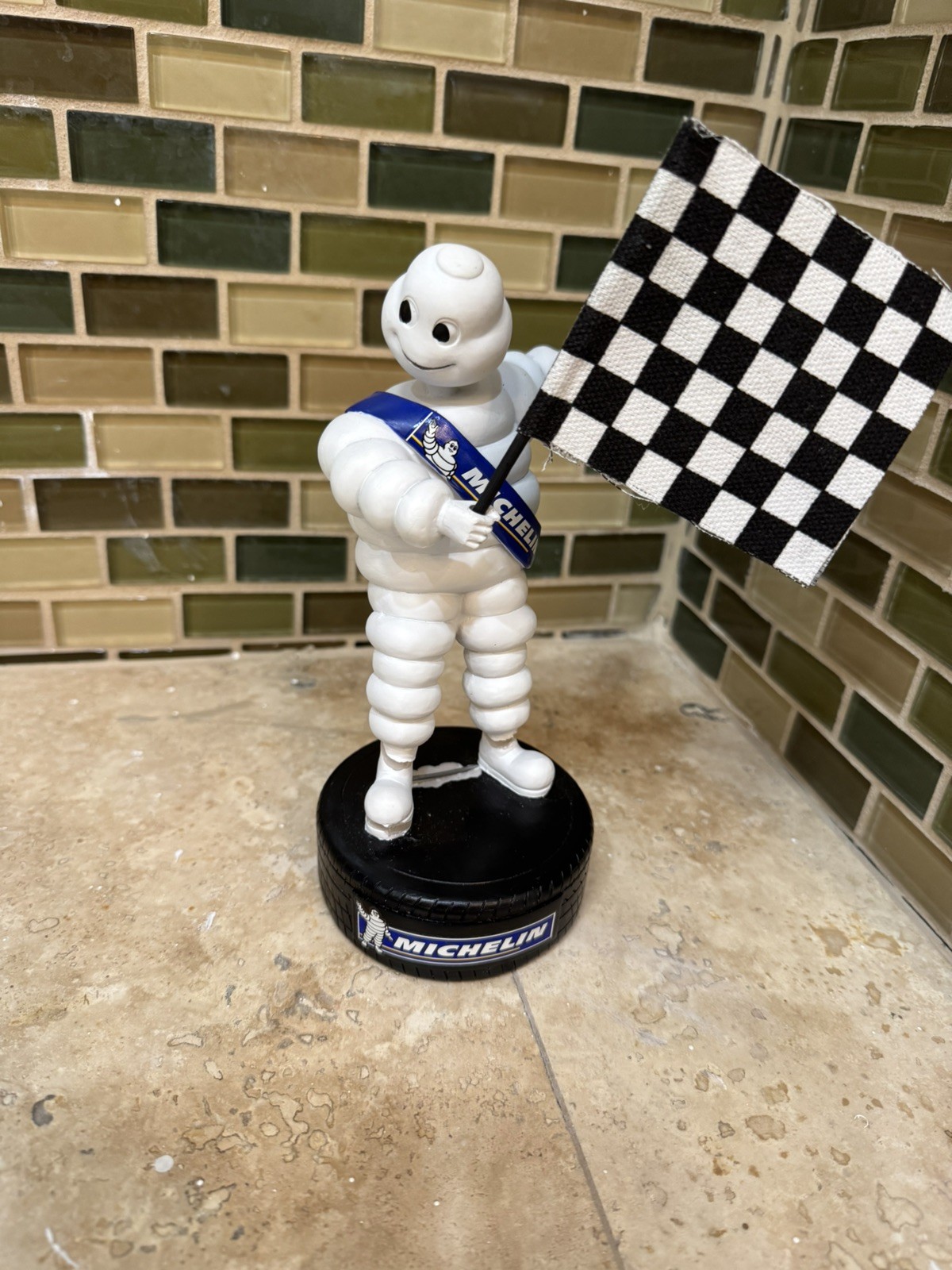 2014 MICHELIN MAN MR. BIB BIBENDUM BOBBLEHEAD BDA CHECKERED RACING FLAG RARE