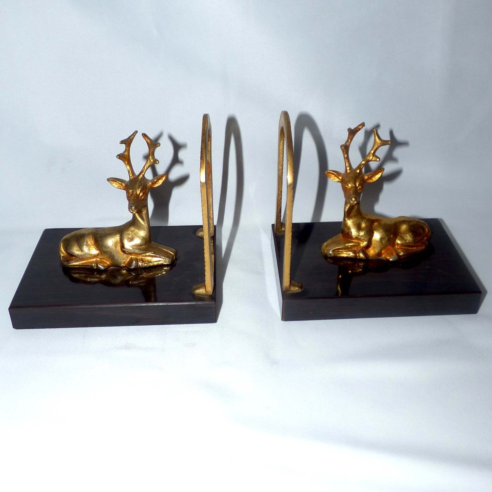 Vintage Art Deco Spelter Deer Bookends Pair Mid Century Wood Base