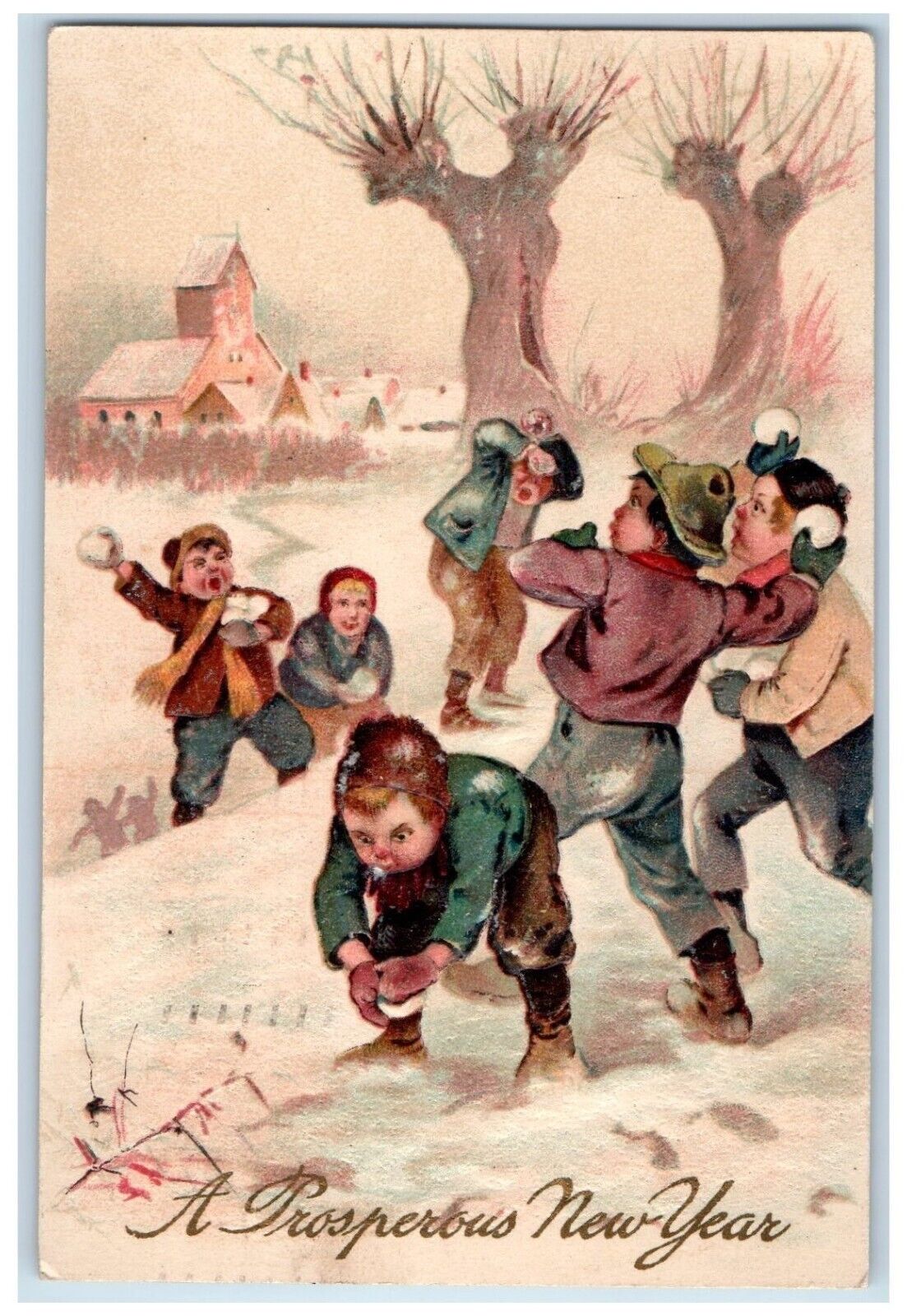 1909 New Year Childrens Snowball Fights Winter Snow Embossed Antique Postcard
