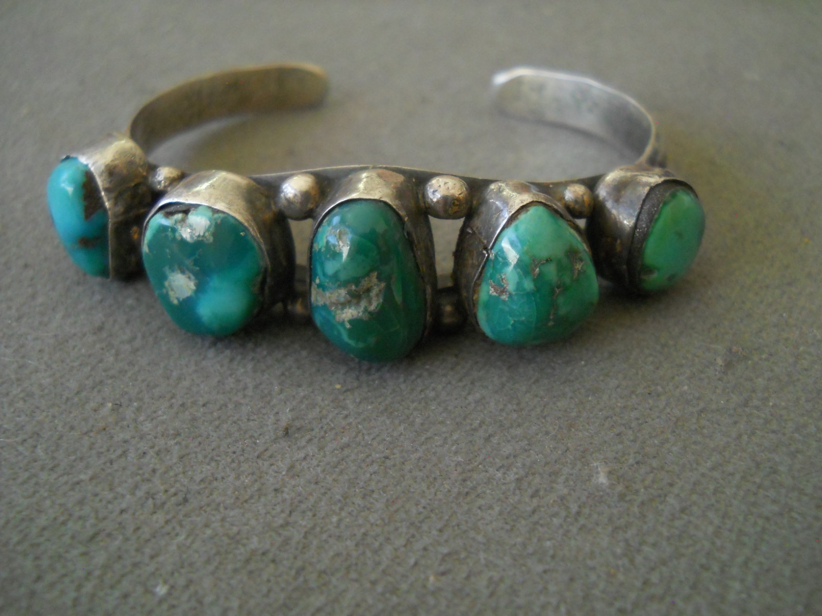Small Native American Navajo Teal Turquoise Row Sterling Silver Cuff Bracelet