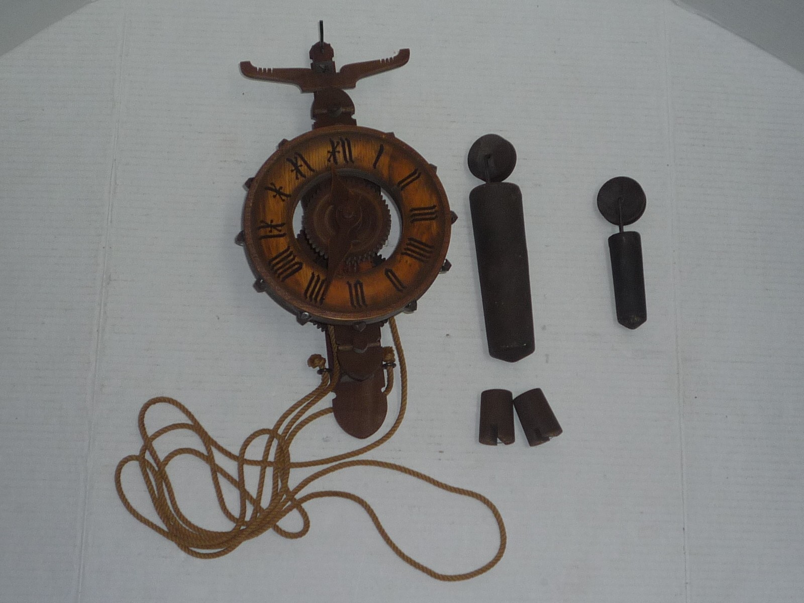 VINTAGE WOOD WOODEN COLUMBUS WALL CLOCK UNKNOWN YEAR WITH WEIGHTS PLEASE READ