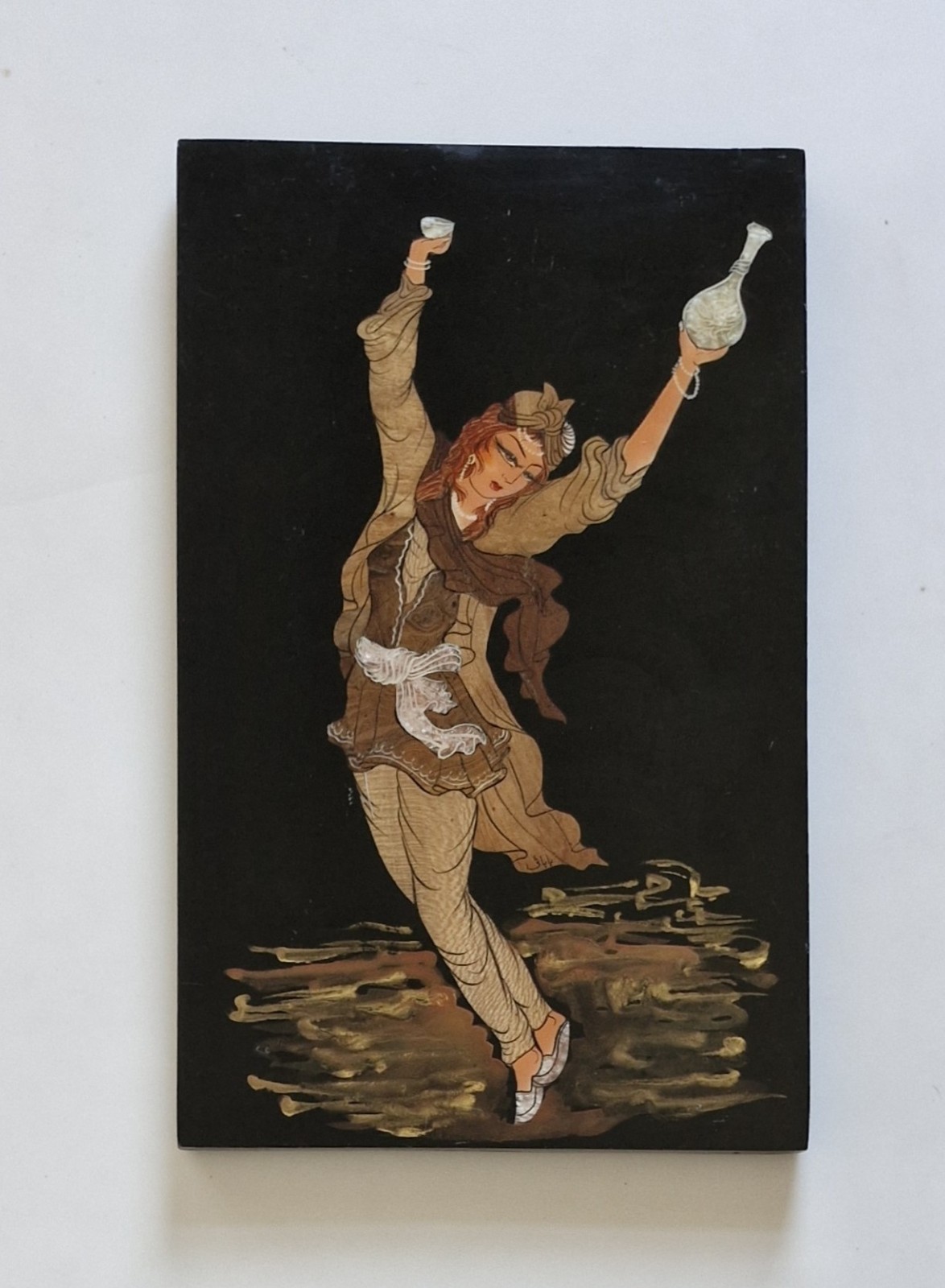 Vintage Oriental Lacquer Miniature Painting Dancing Girl Wood Wall Plaque 16