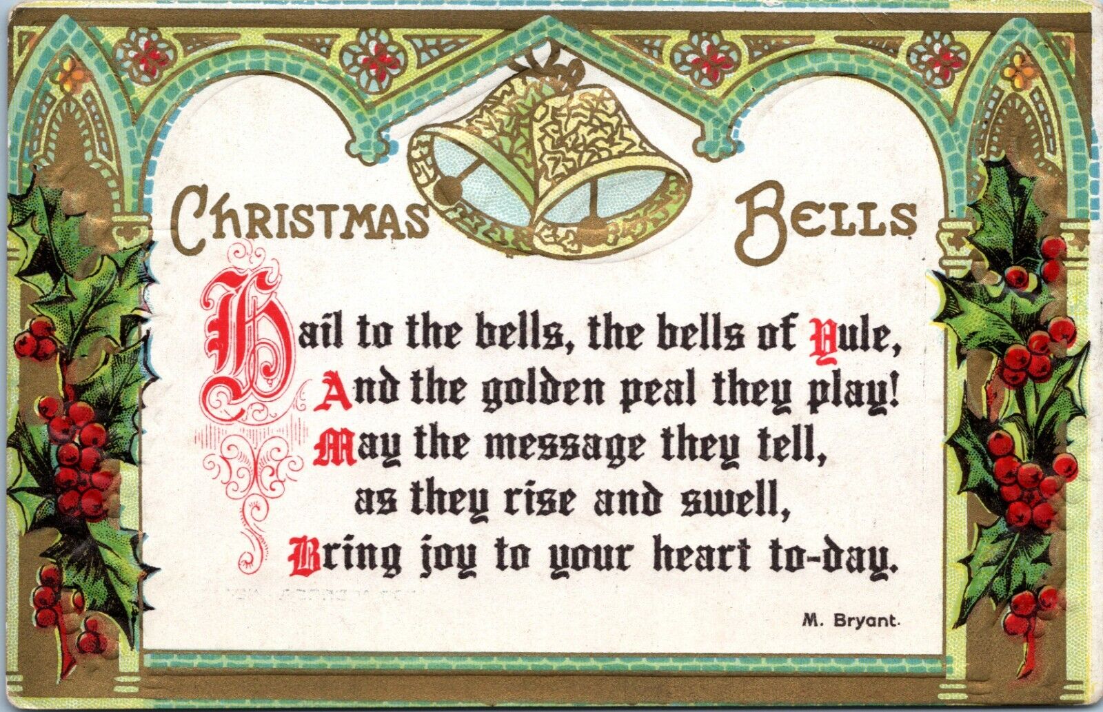 Unused Vintage Christmas Motto Postcard 1910 M. Bryant Verse Poem Bells PI