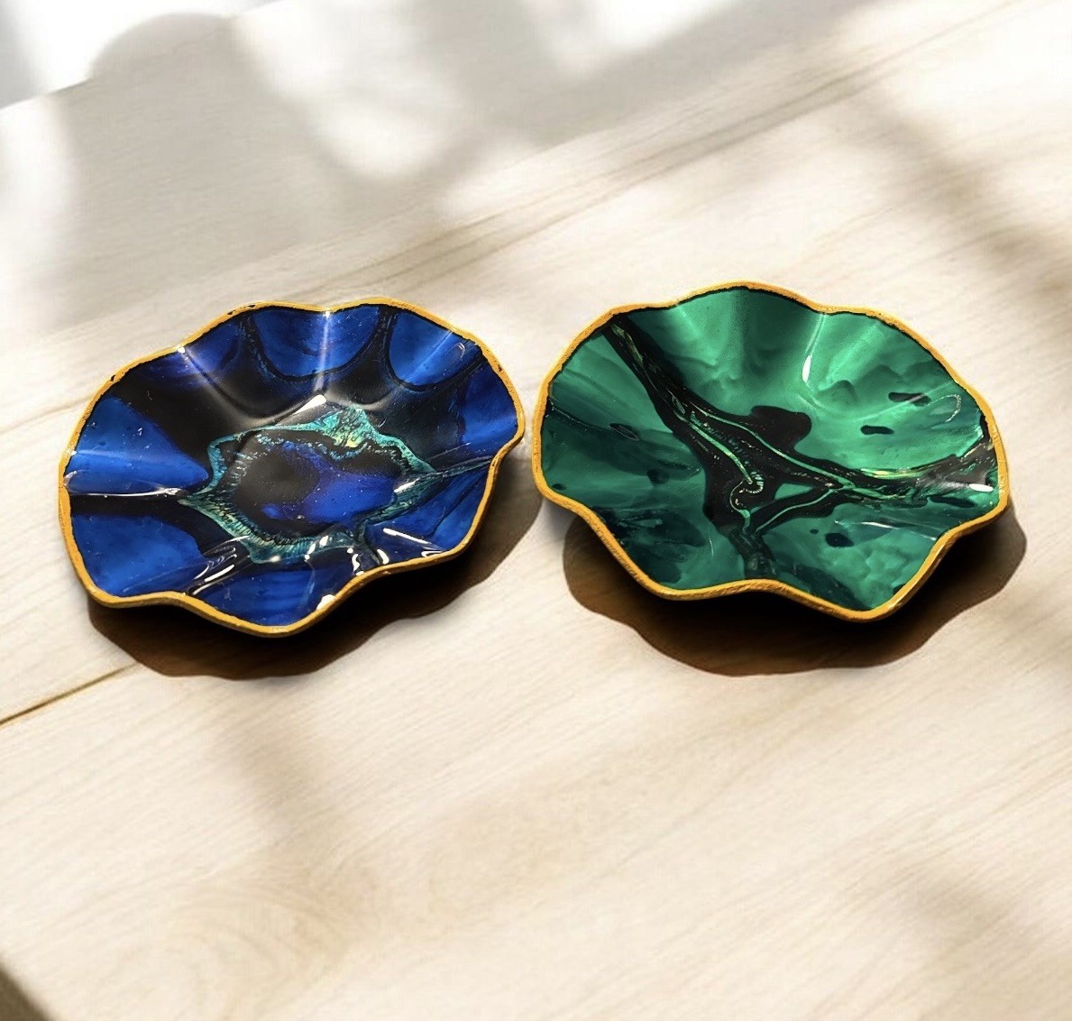 Vintage Mexican Folk Art Enameled Goat Skin Bowls Green Blue Orange Set of 2