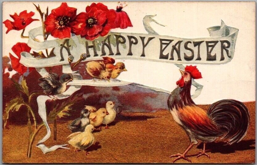 1910s HAPPY EASTER Greetings Postcard Rooster / Baby Chicks / Red Flowers UNUSED