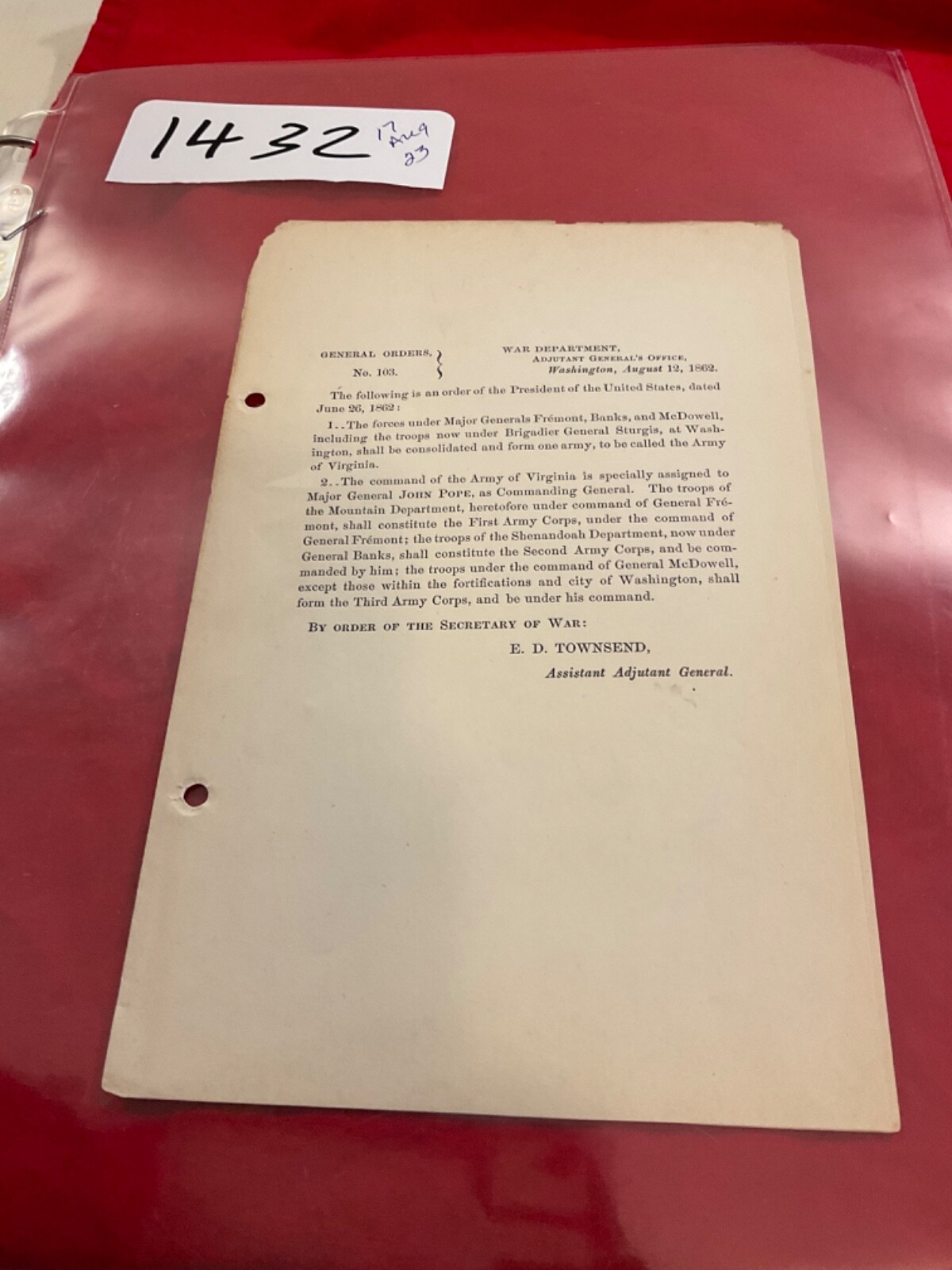 1432 CIVIL WAR GENERAL JOHN POPE TAKES COMMAND ARMY OF VIRGINIA 1862 ORDER