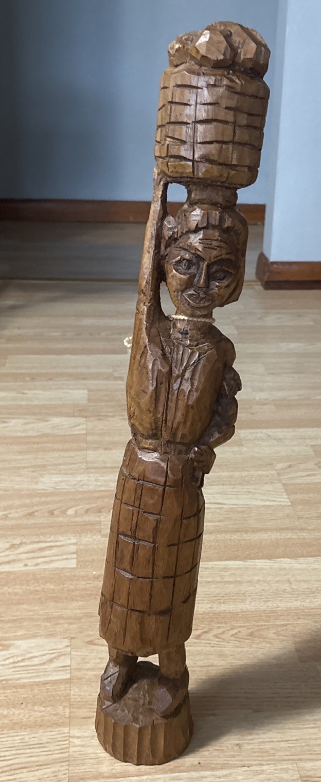 Hand Carved South American Hand Carved Folk Art Wood Women Basket on Head 26”