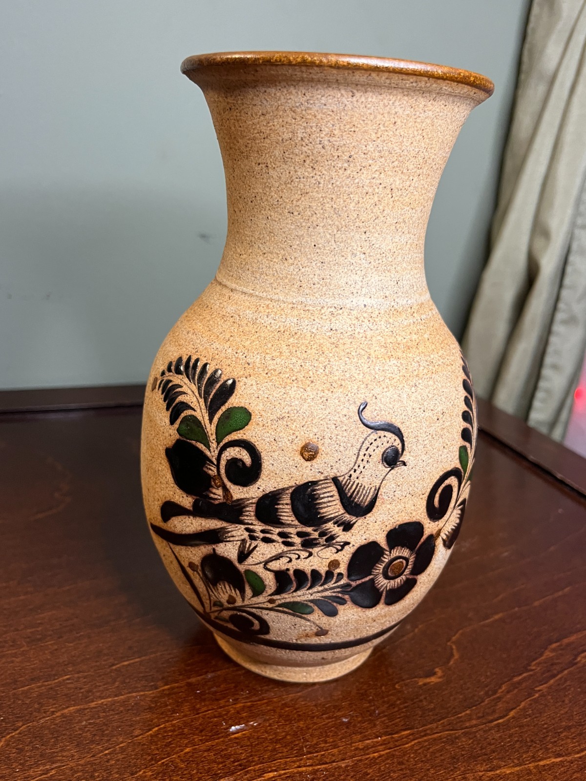 Vintage Tonala Mexico Sandstone Pottery Vase-Hand Painted Bird-Signed MET 8\