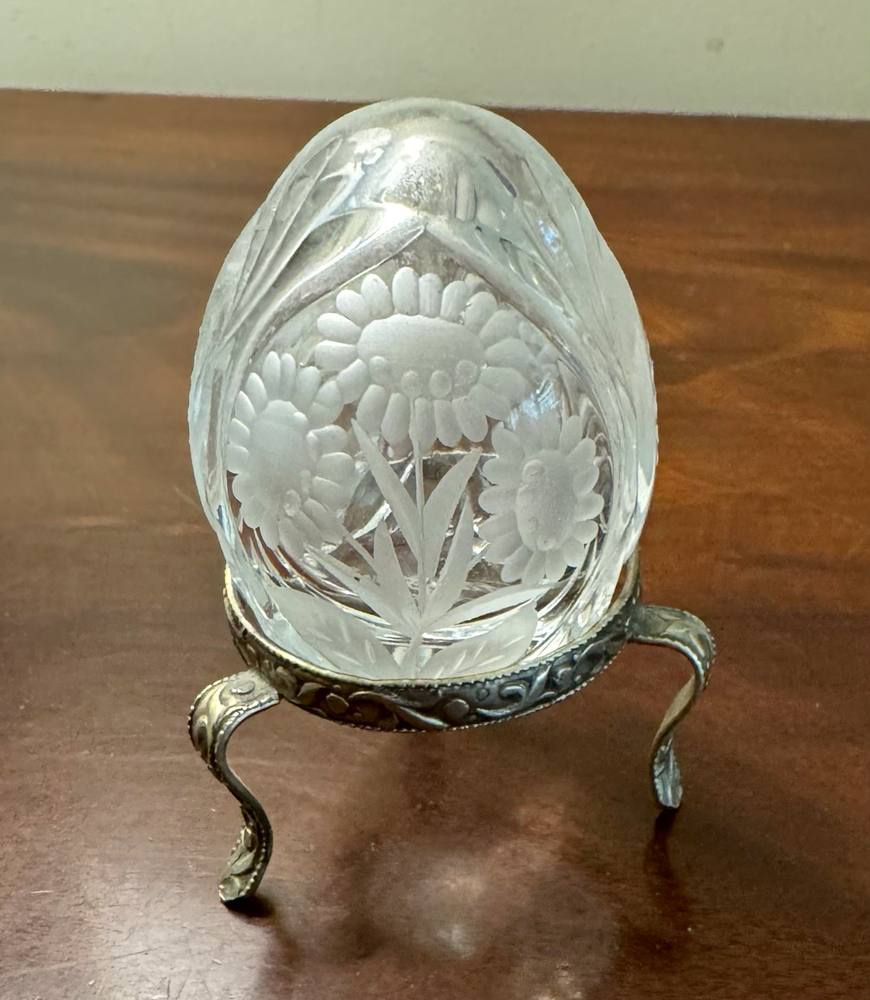 Vintage Fabergé Crystal Egg Sunflower Floral Etched Signed Numbered