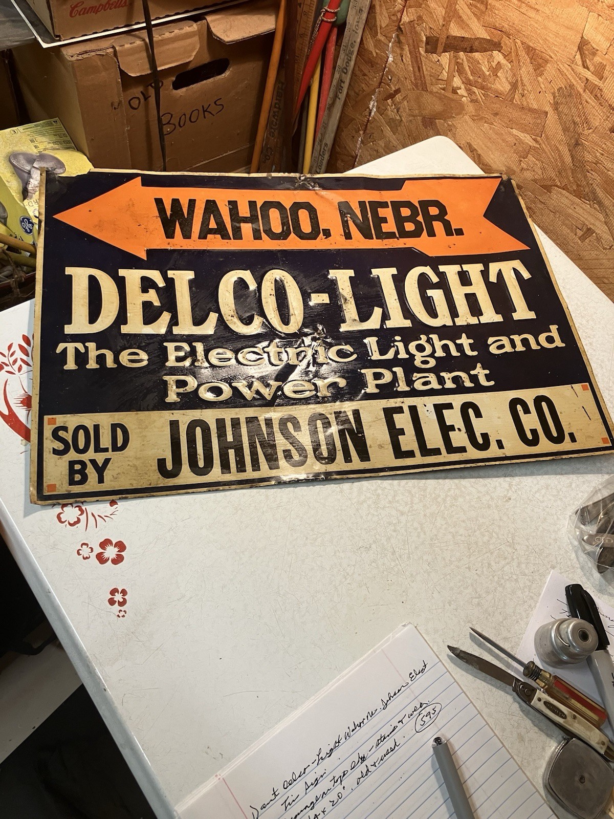 Antique Delco-Light Wahoo Neb Johnson Electric Tin Sign 