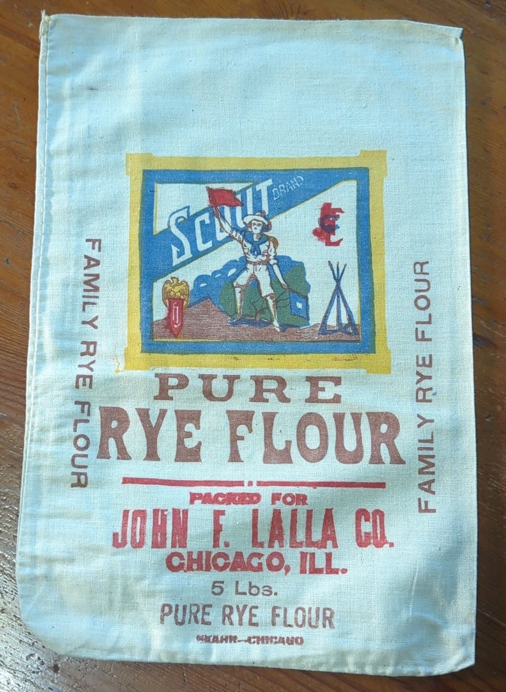 Vintage Cloth Flour Sack, Scout Brand, 5 Pound, Chicago, ILL, John F. Lalla Co.