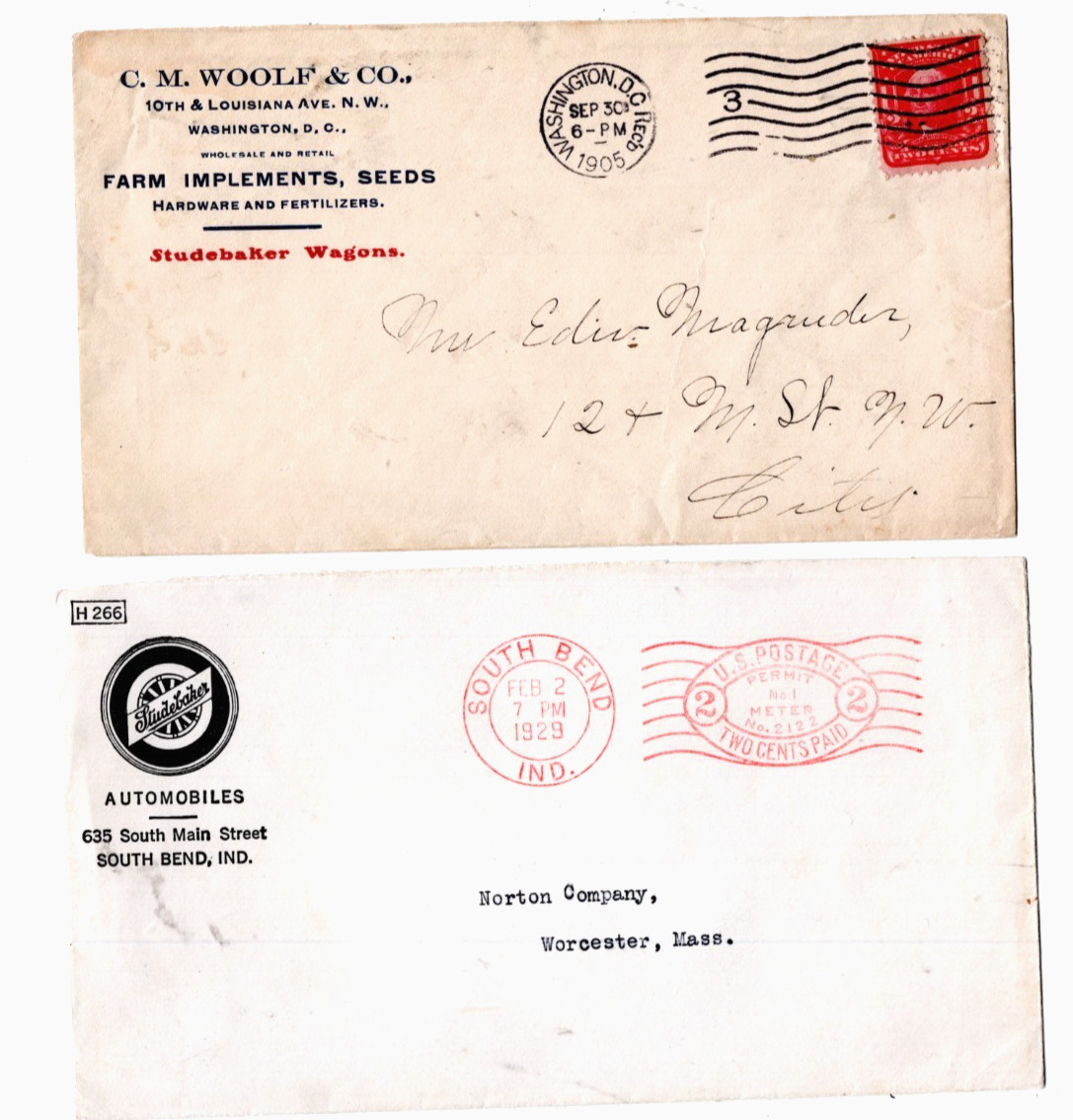 VINTAGE STUDEBAKER WAGONS 1905 AD COVER + 1929 AUTOMOBILES COVER,SOUTH BEND + DC